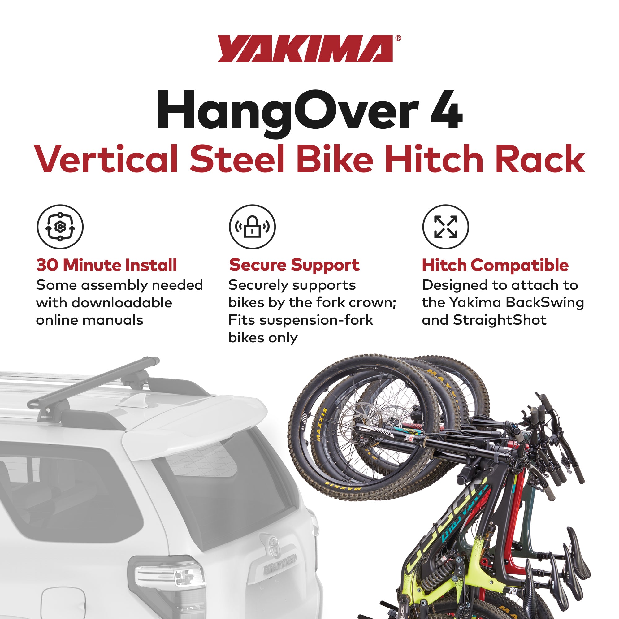 Yakima HangOver 4 Adjustable Vertical Steel Mountain Bike Hitch Rack for 4 Bikes - Smart-nests