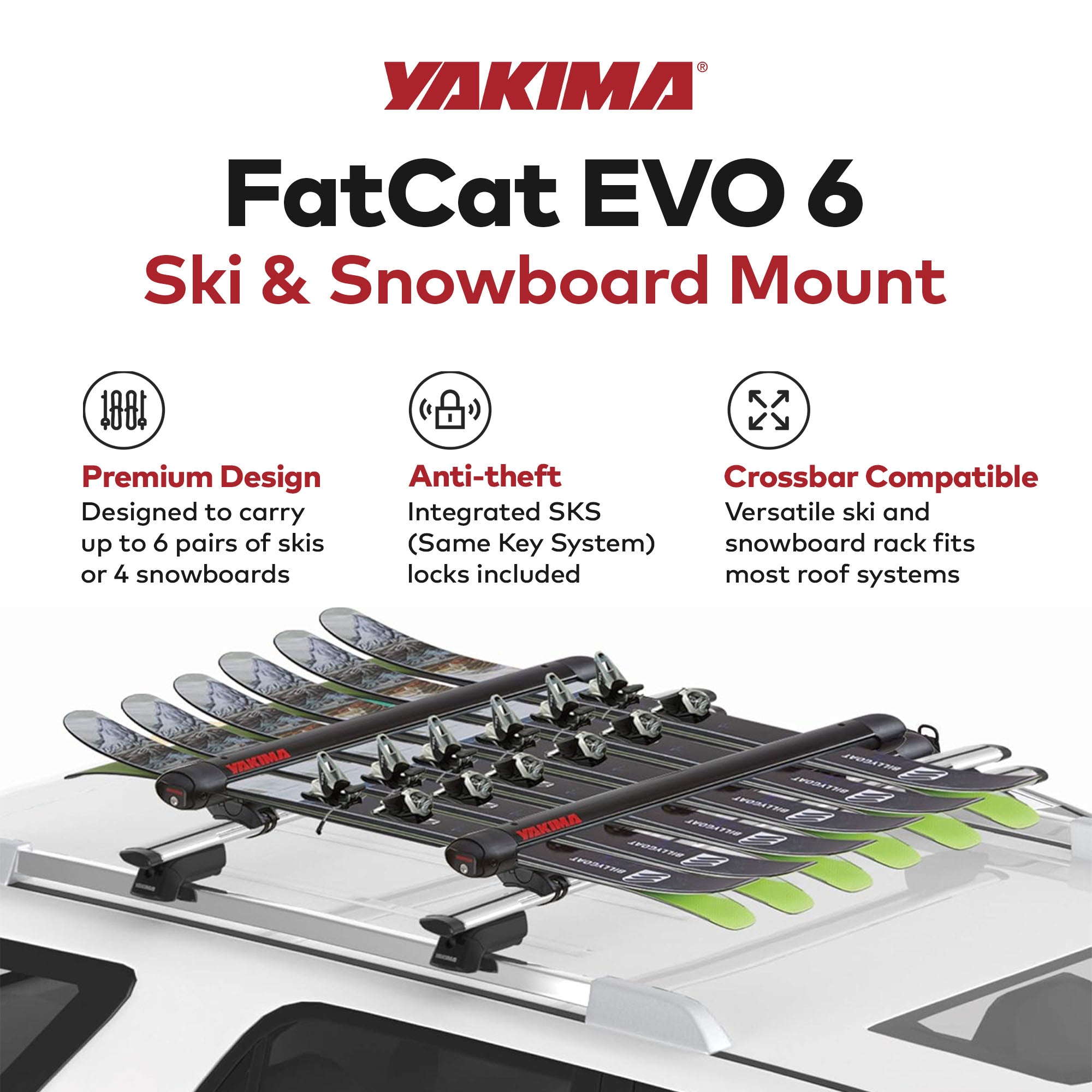 YAKIMA FatCat EVO 6 Skis or 4 Snowboards Mount Roof Rack, Fits T-Slot Crossbars - Smart-nests