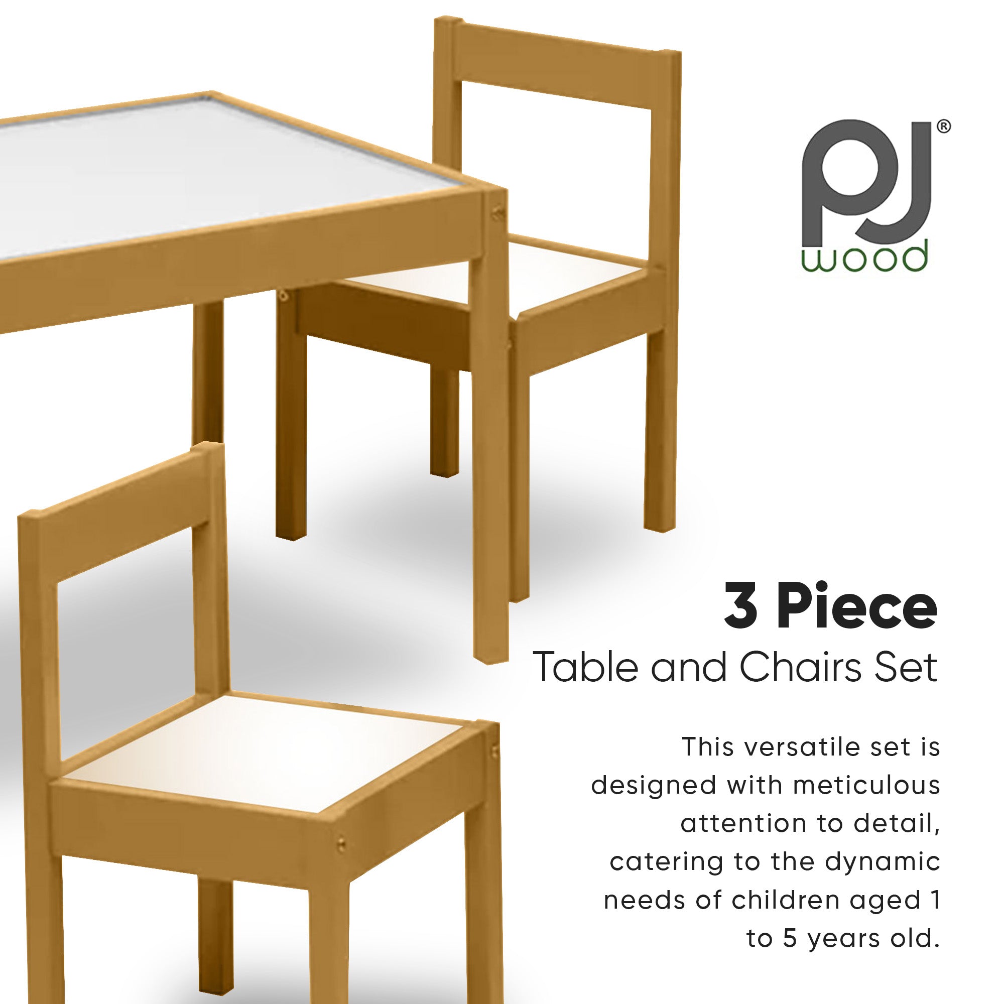 PJ Wood 3 Piece Table and Chairs Set with Natural Finish and Dry Erase Surface