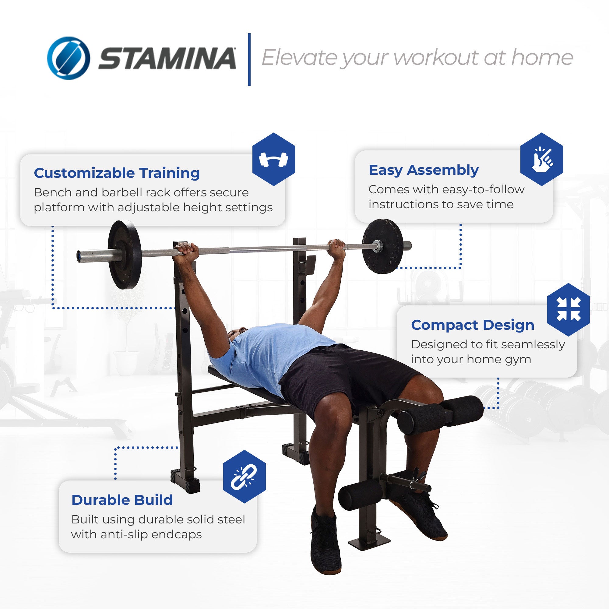 Stamina Adjustable Steel Weight Bench Barbell Rack Combo Set for Home Gym, Black - Smart-nests