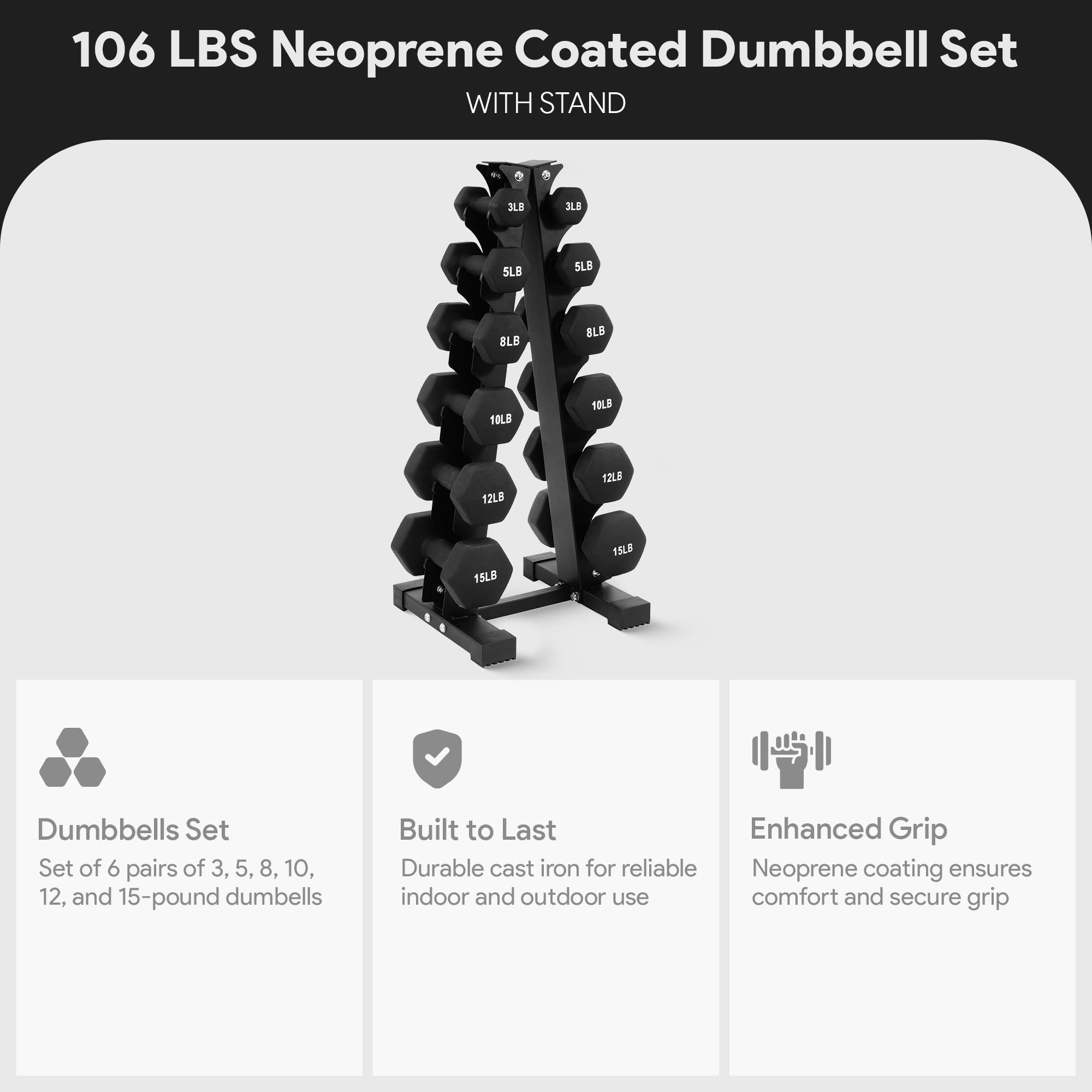 BalanceFrom Fitness 106 Pound Neoprene Coated Dumbbell Set with Stand, Black - Smart-nests