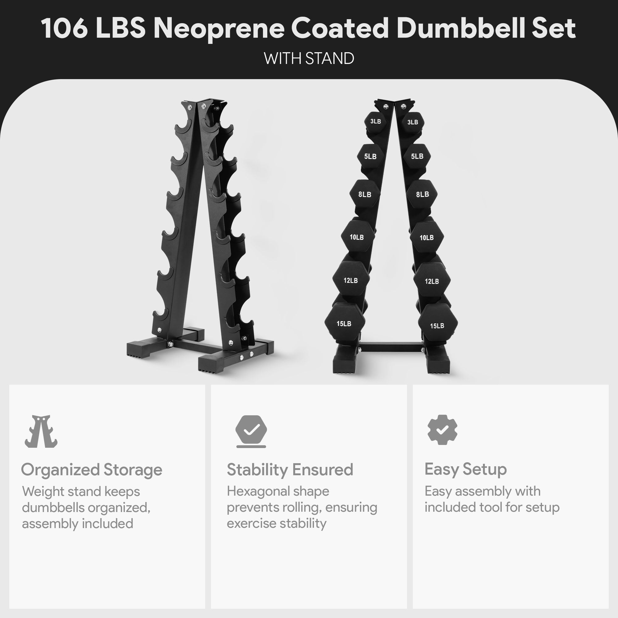 BalanceFrom Fitness 106 Pound Neoprene Coated Dumbbell Set with Stand, Black - Smart-nests
