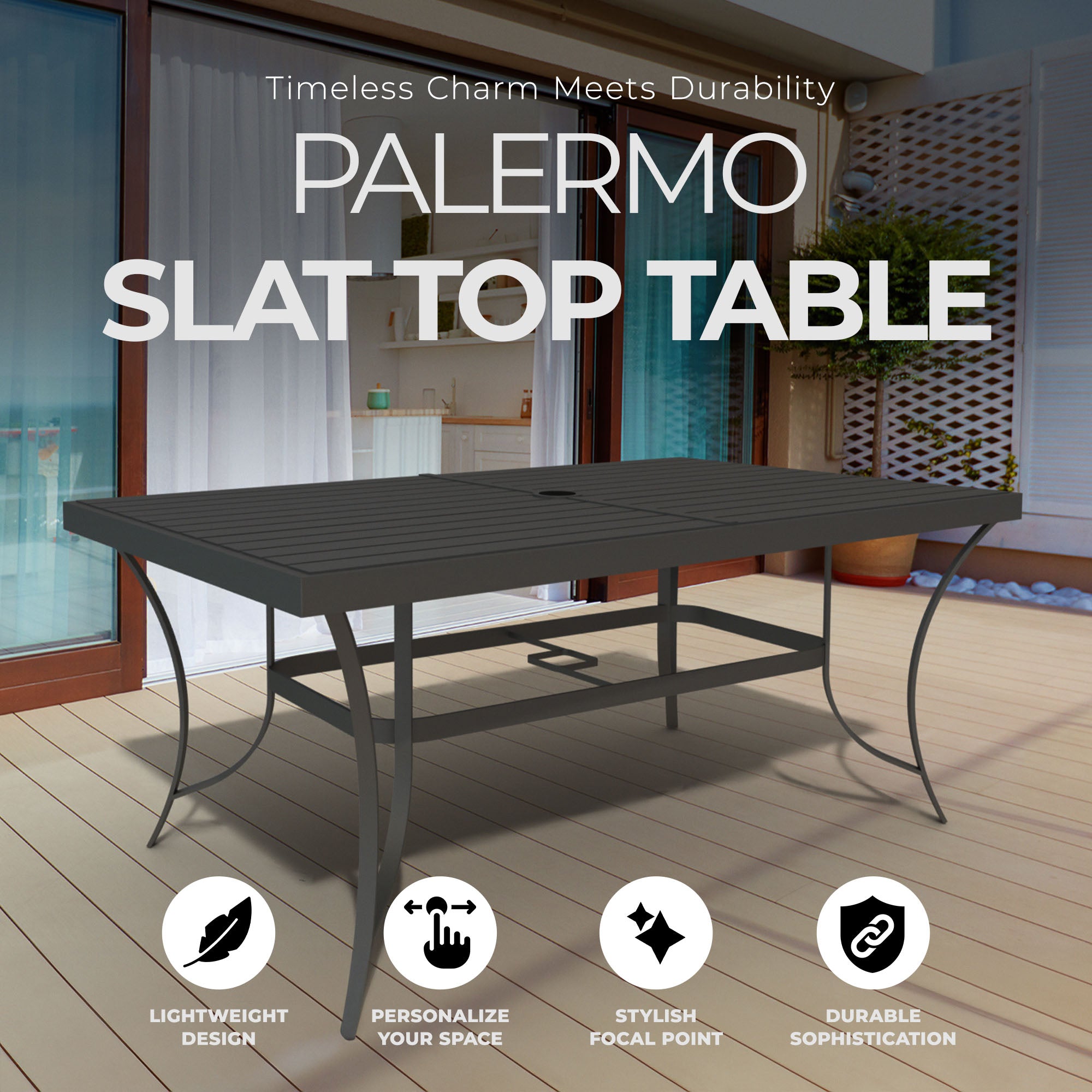 Four Seasons Courtyard Palermo Slat Top Table with Frame and Umbrella Hole, Gray - Smart-nests