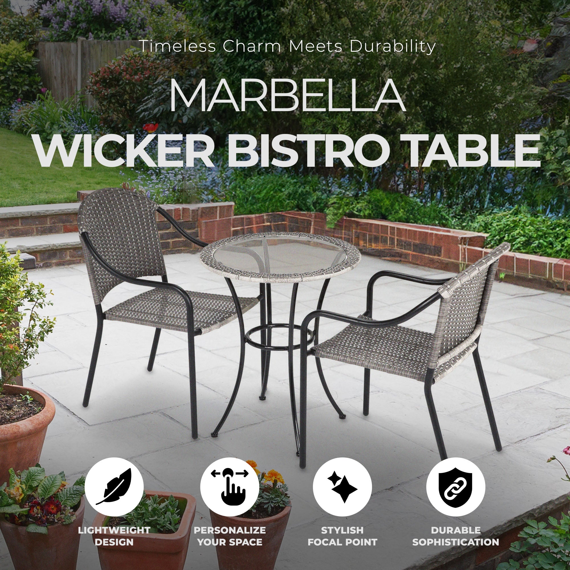 Four Seasons Courtyard 24 Inch Marbella Wicker Modern Bistro Patio Table, Gray - Smart-nests