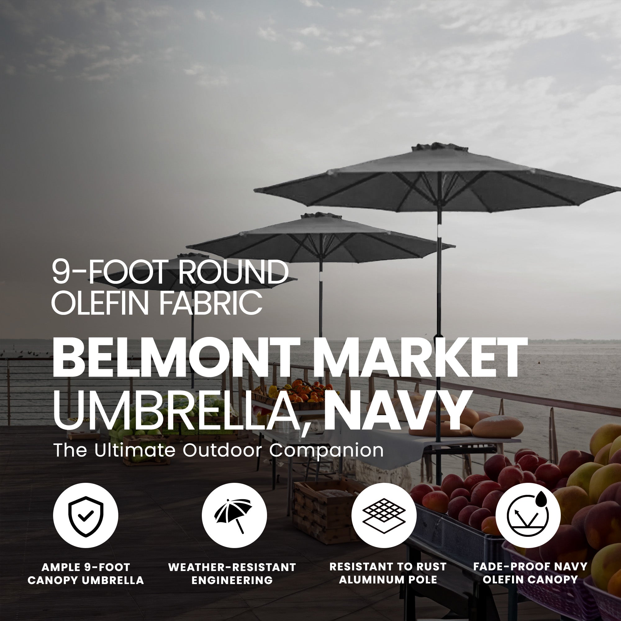 Four Seasons Courtyard 9 Foot Round Olefin Fabric Belmont Market Umbrella, Navy - Smart-nests