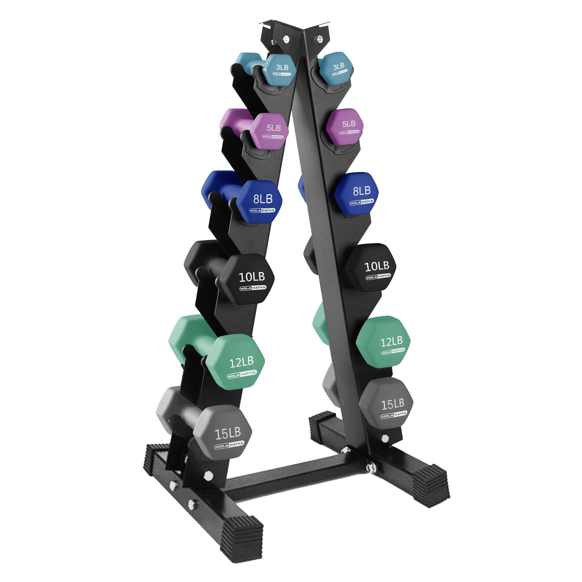 HolaHatha 3, 5, 8, 10, 12 & 15 Pound Neoprene Dumbbell Weight Set w/Storage Rack - Smart-nests