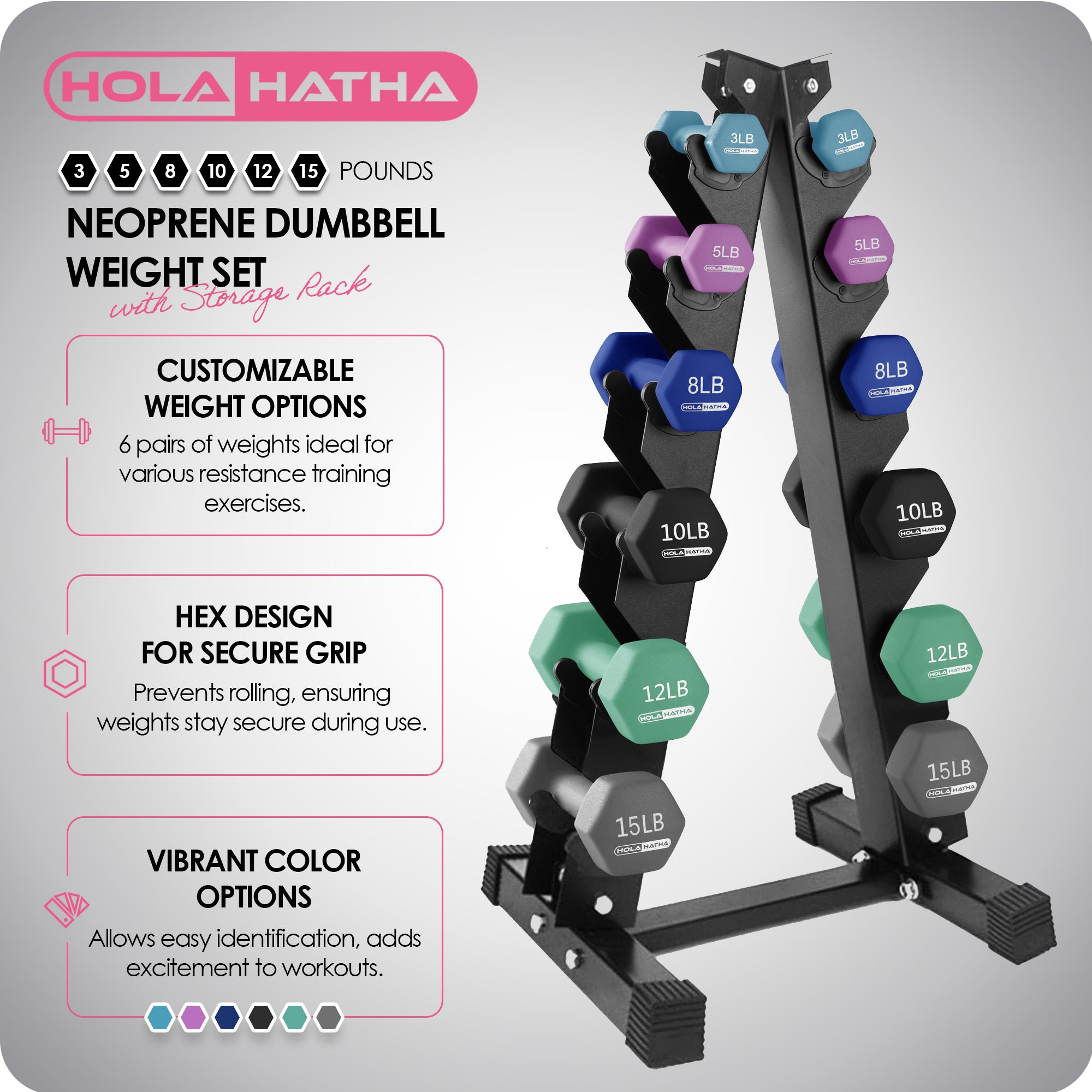HolaHatha 3, 5, 8, 10, 12 & 15 Pound Neoprene Dumbbell Weight Set w/Storage Rack - Smart-nests