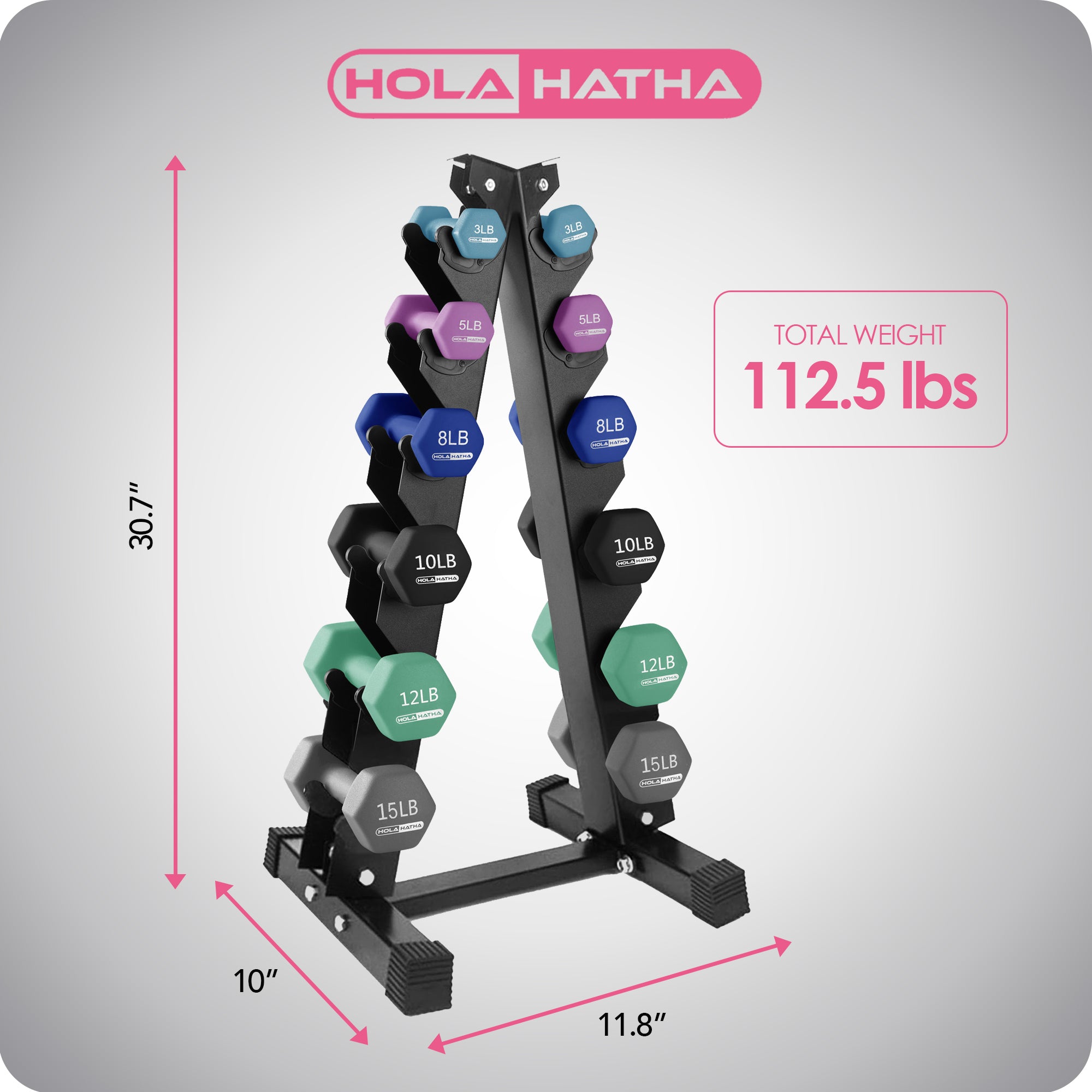 HolaHatha 3, 5, 8, 10, 12 & 15 Pound Neoprene Dumbbell Weight Set w/Storage Rack - Smart-nests