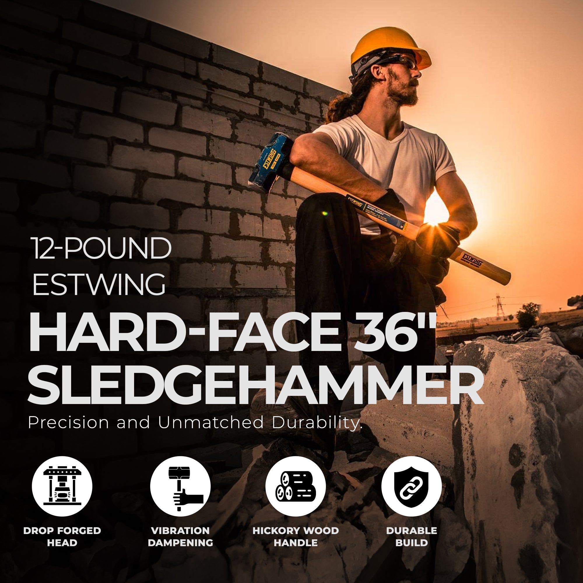 Estwing 12 Pound Head Hard Face Stake Sledge Hammer with 36 Inch Hickory Handle - Smart-nests
