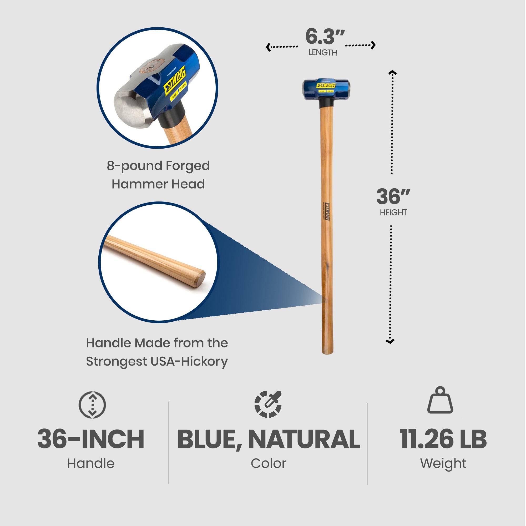 Estwing 8 Pound Head Hard Face Stake Sledge Hammer with 36 Inch Hickory Handle - Smart-nests