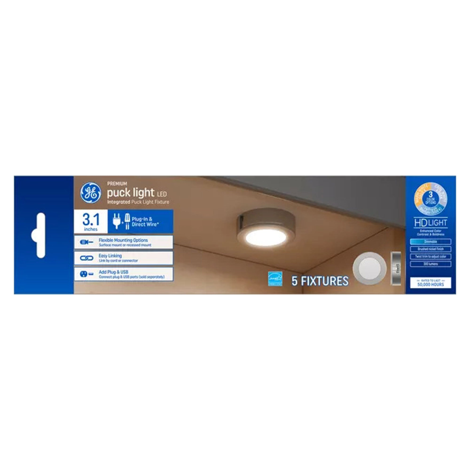 GE Dimmable Modern Corded Electric Plastic LED Puck Lights, Set of 5, Silver - Smart-nests