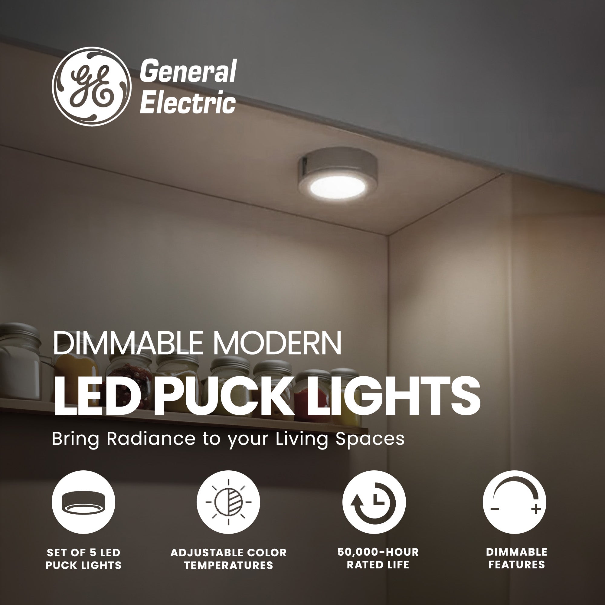 GE Dimmable Modern Corded Electric Plastic LED Puck Lights, Set of 5, Silver - Smart-nests