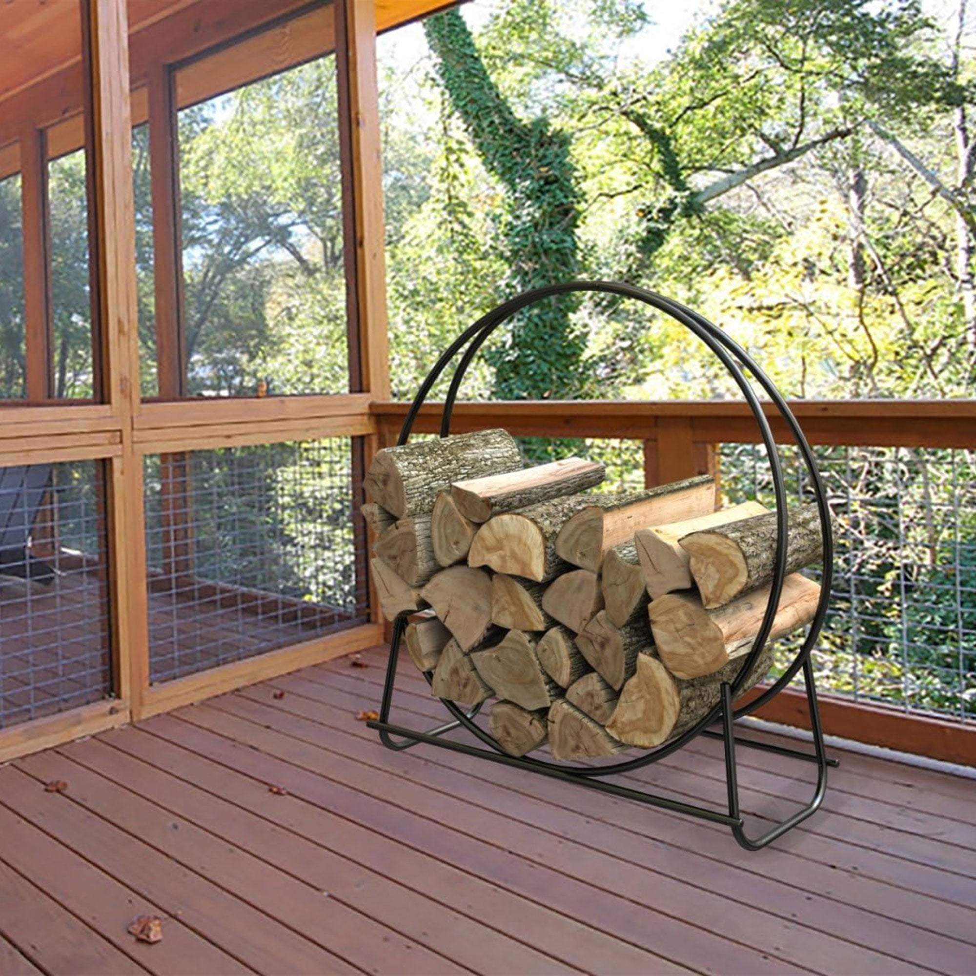 Panacea Open Hearth 20 Inch Tubular Steel Log Hoop for Storing Firewood, Black - Smart-nests