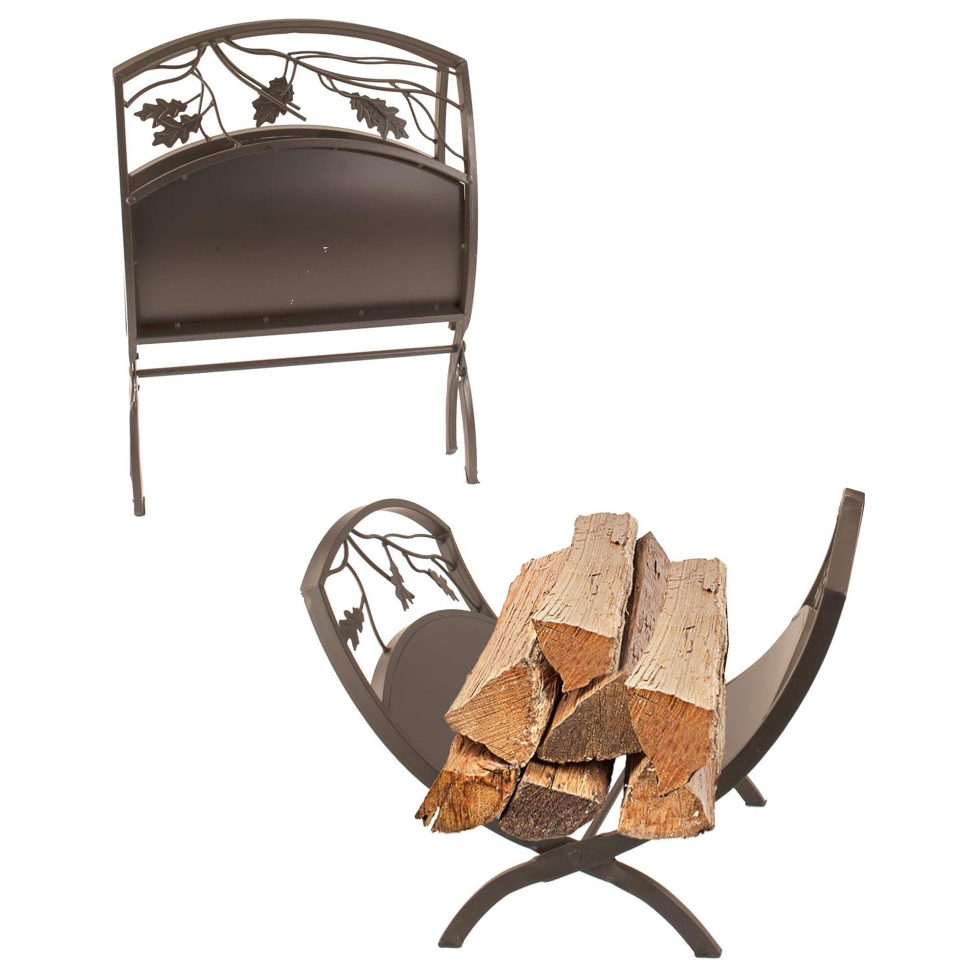Panacea Compact Foldable Powder-coated Steel Oak Leaf Log Bin with Pan, Brown - Smart-nests