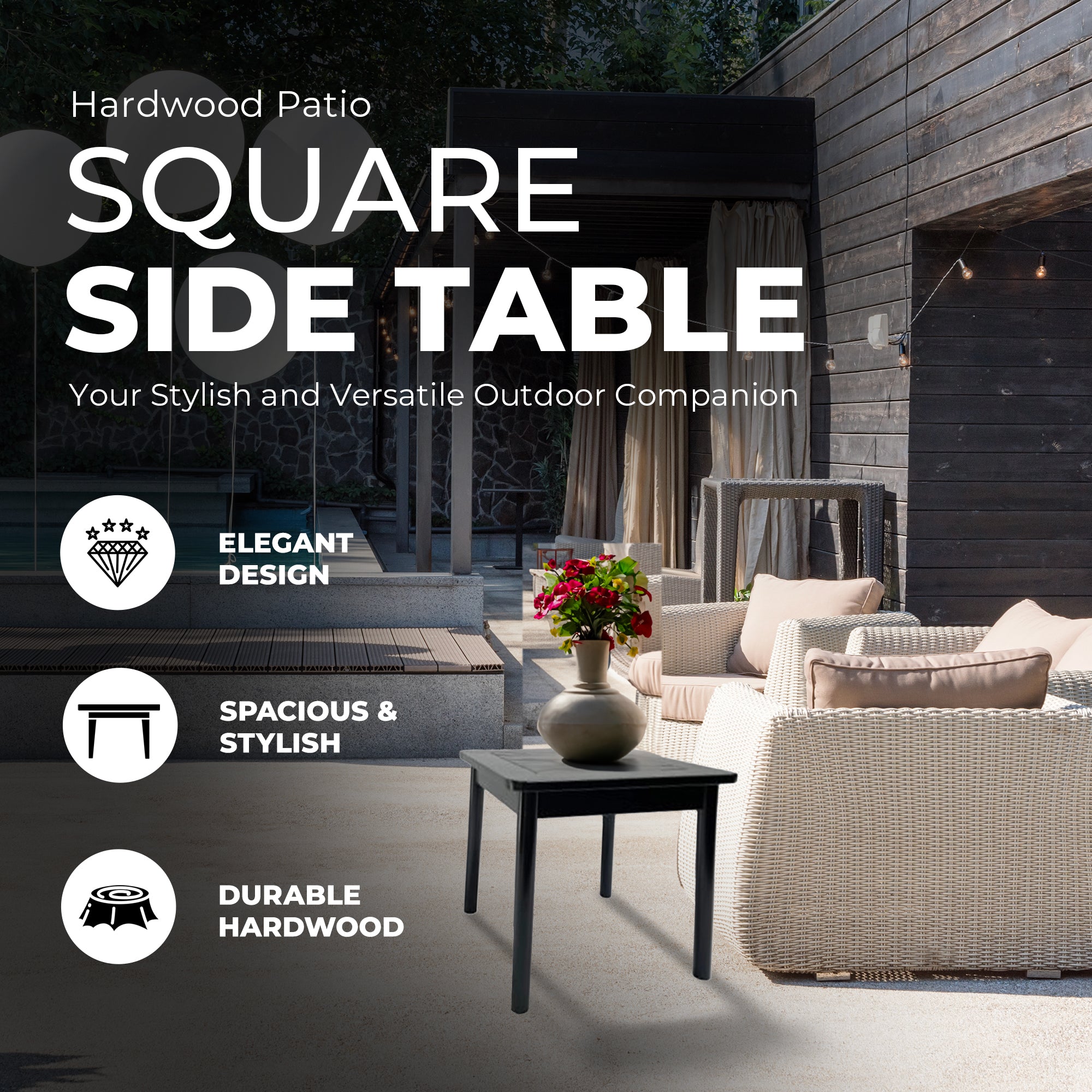 Jack Post Farmhouse Outdoor Hardwood Square Patio Dining Side End Table, Black - Smart-nests