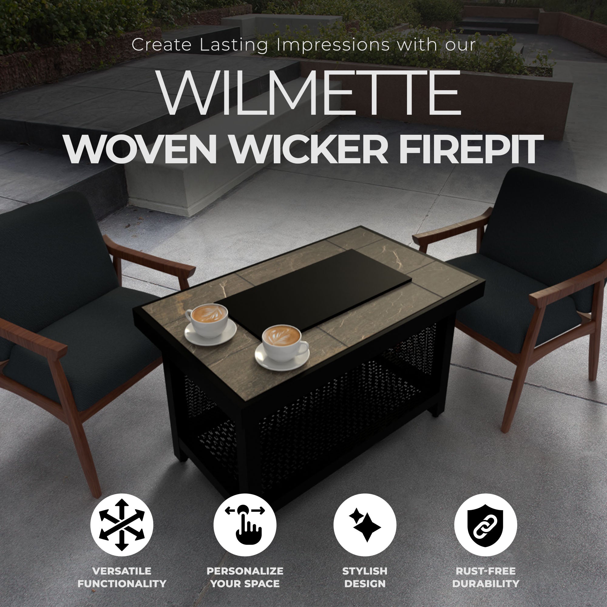 Four Seasons Courtyard Wilmette Firepit Woven Wicker with Grouted Stone Top - Smart-nests