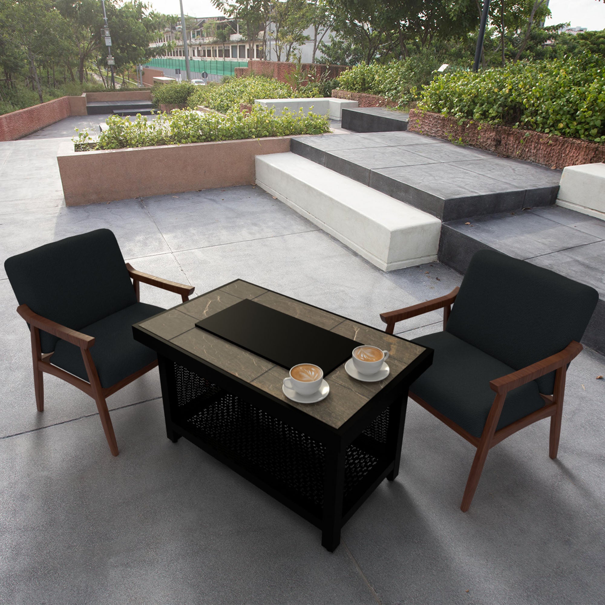 Four Seasons Courtyard Wilmette Firepit Woven Wicker with Grouted Stone Top - Smart-nests