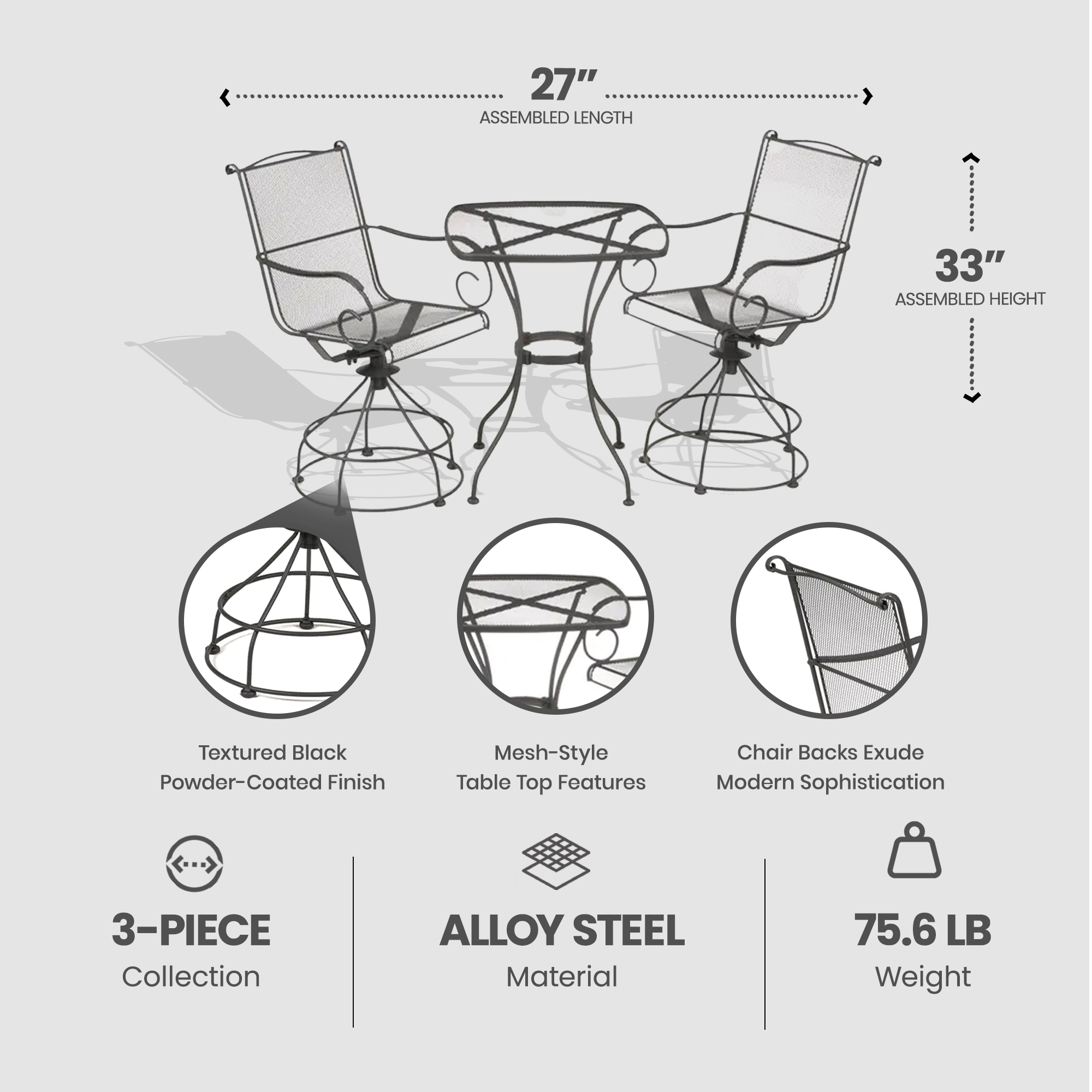 Woodard Uptown 3 Piece Bistro and Balcony Set with Powder Coated Finish, Black - Smart-nests