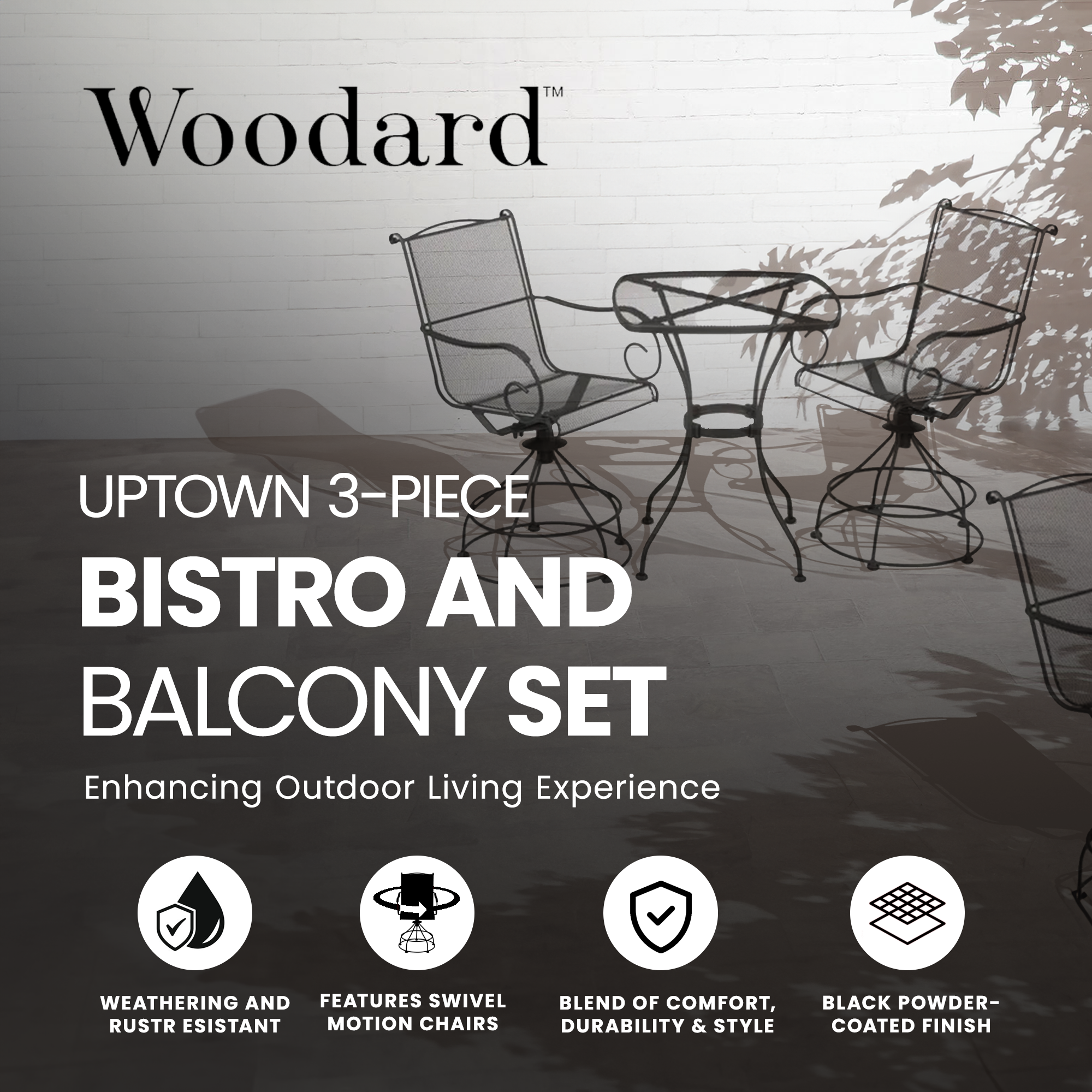 Woodard Uptown 3 Piece Bistro and Balcony Set with Powder Coated Finish, Black - Smart-nests