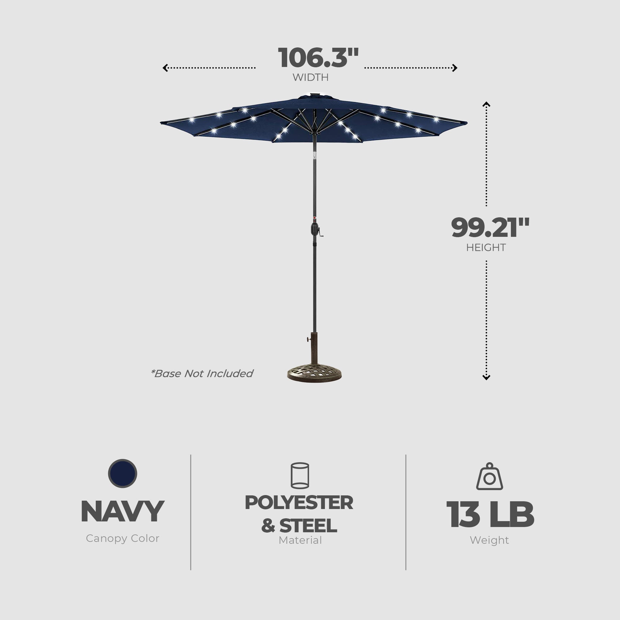 Four Seasons Courtyard 9’ Polyester Patio Market LED Umbrella w/Steel Pole, Navy - Smart-nests