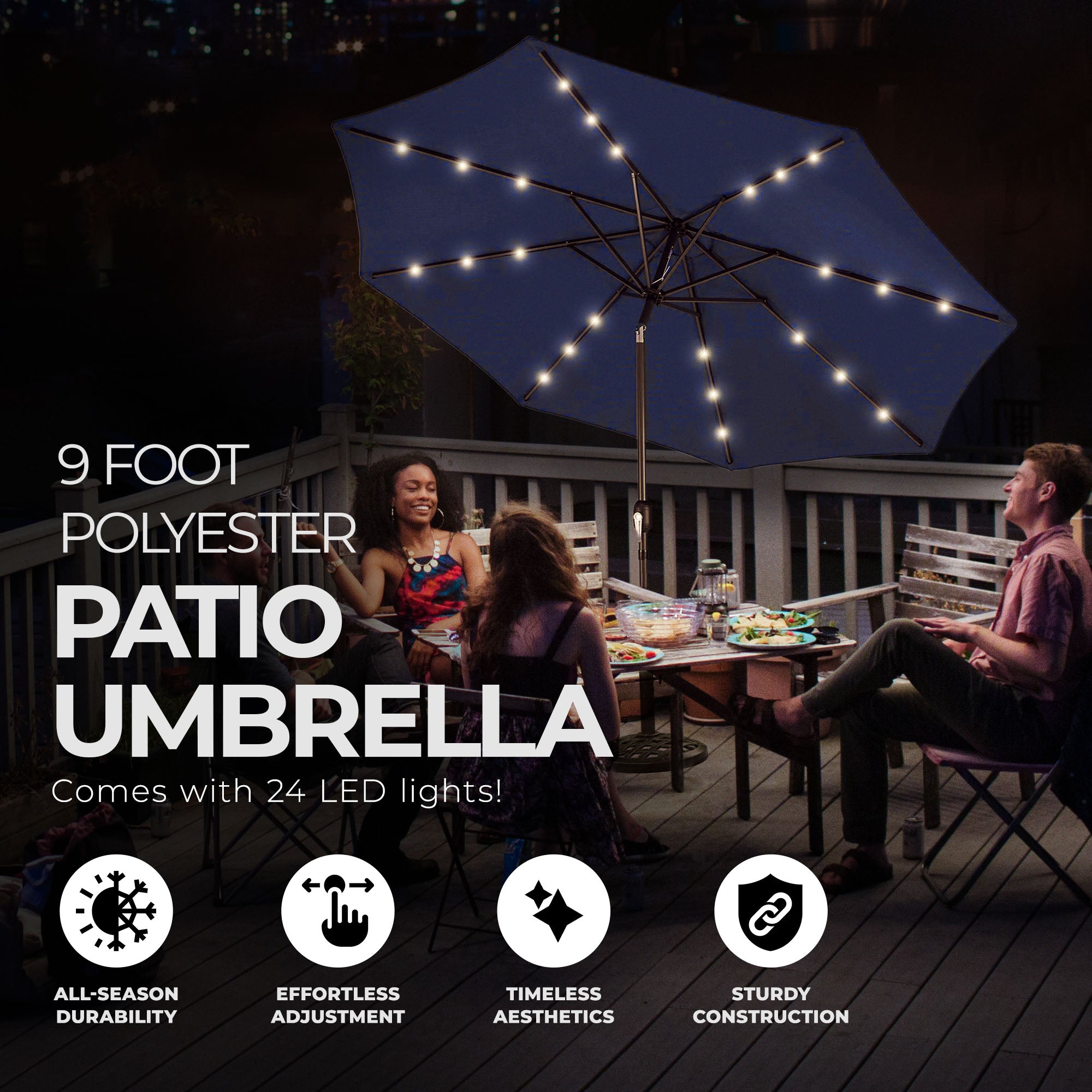 Four Seasons Courtyard 9’ Polyester Patio Market LED Umbrella w/Steel Pole, Navy - Smart-nests