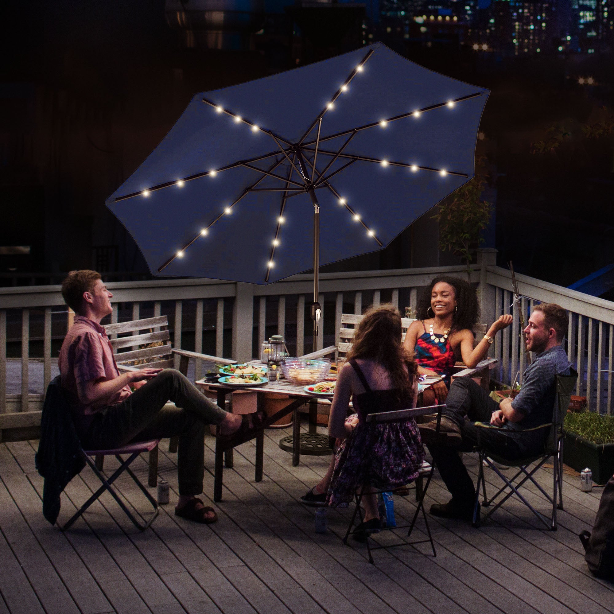 Four Seasons Courtyard 9’ Polyester Patio Market LED Umbrella w/Steel Pole, Navy - Smart-nests