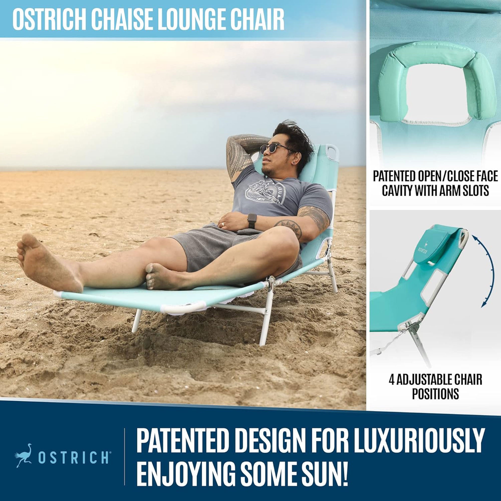 Ostrich Chaise Lounge, Versatile Facedown Beach Camping Pool Tanning Chair, Aqua - Smart-nests