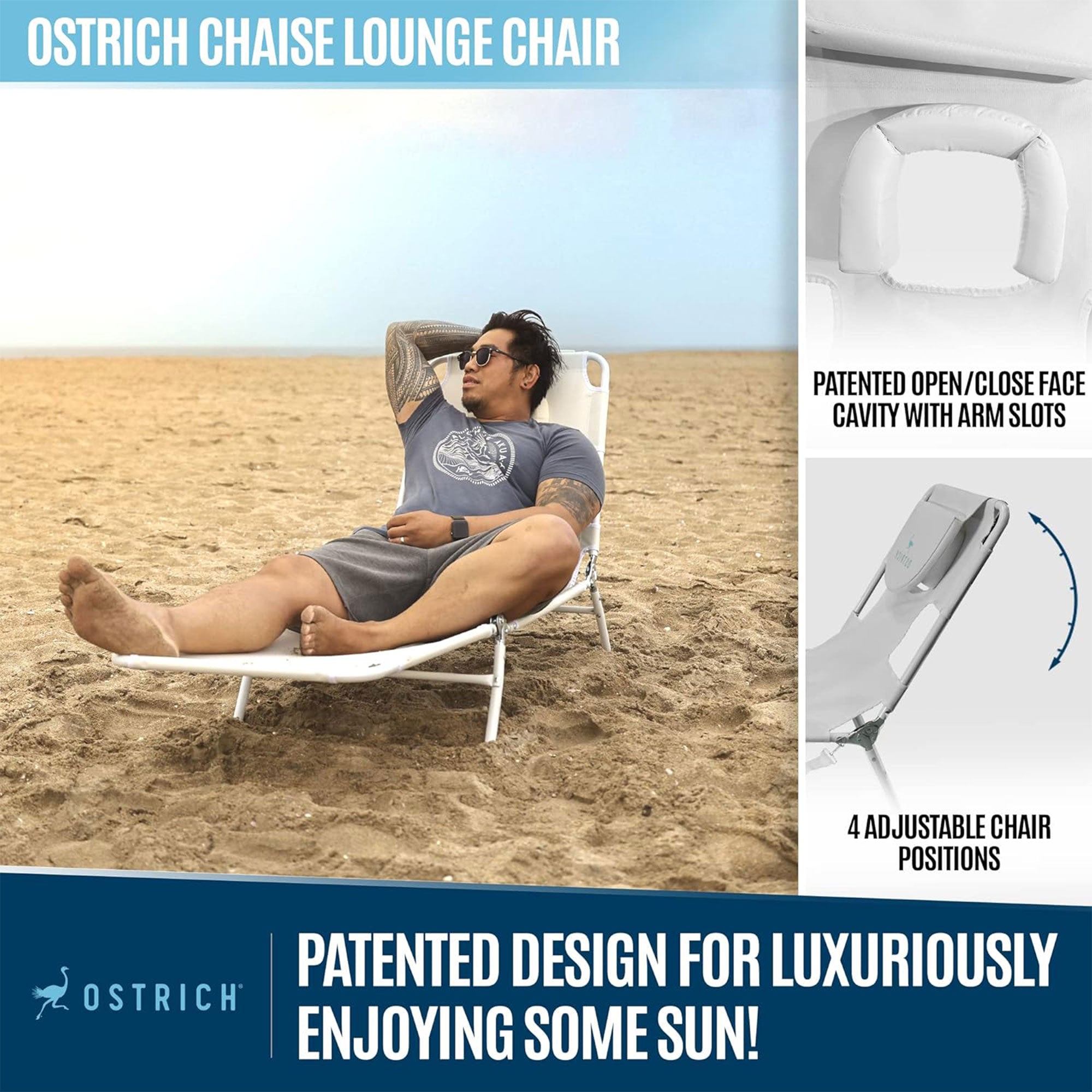 Ostrich Chaise Lounge Versatile Facedown Beach Camping Pool Tanning Chair, White - Smart-nests