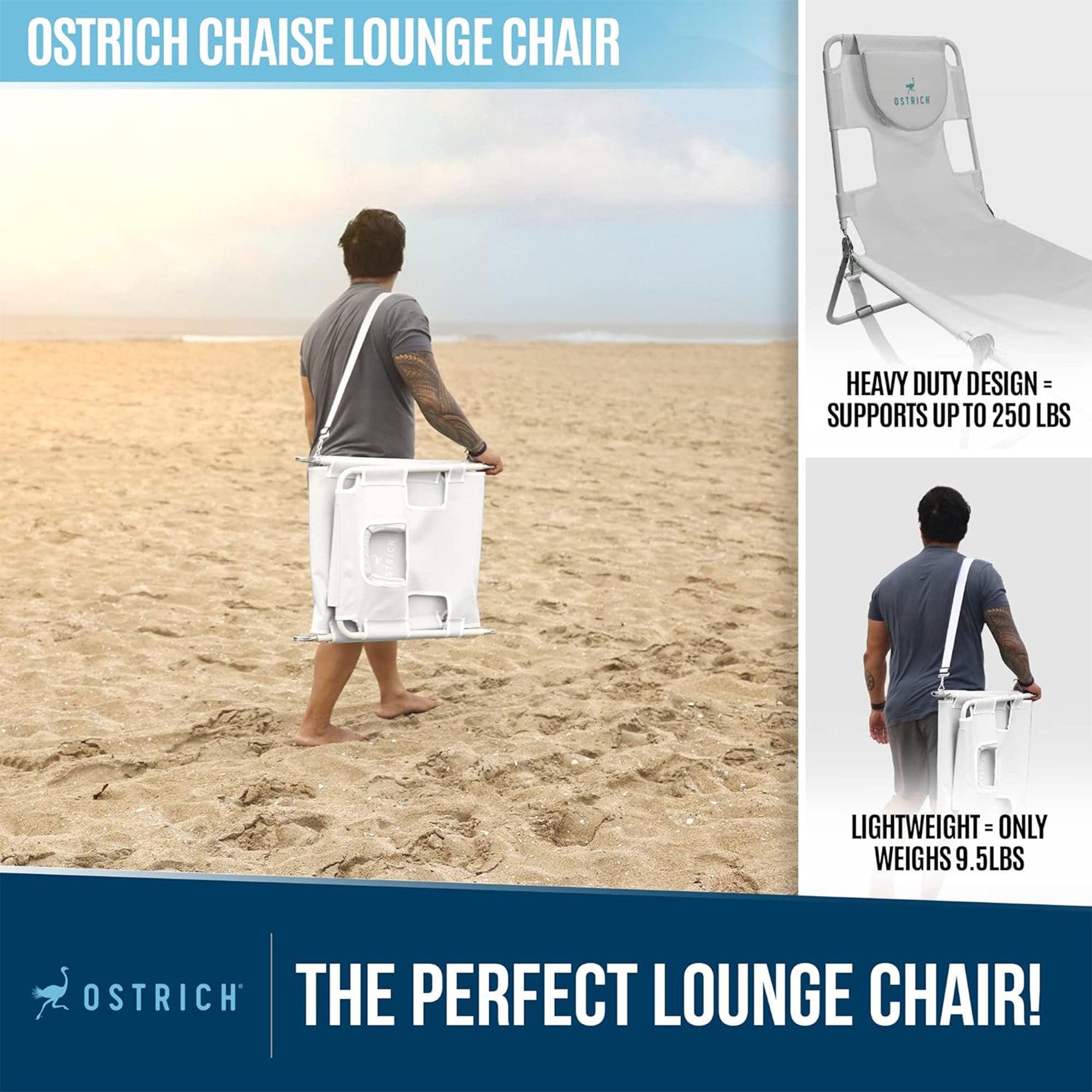 Ostrich Chaise Lounge Versatile Facedown Beach Camping Pool Tanning Chair, White - Smart-nests