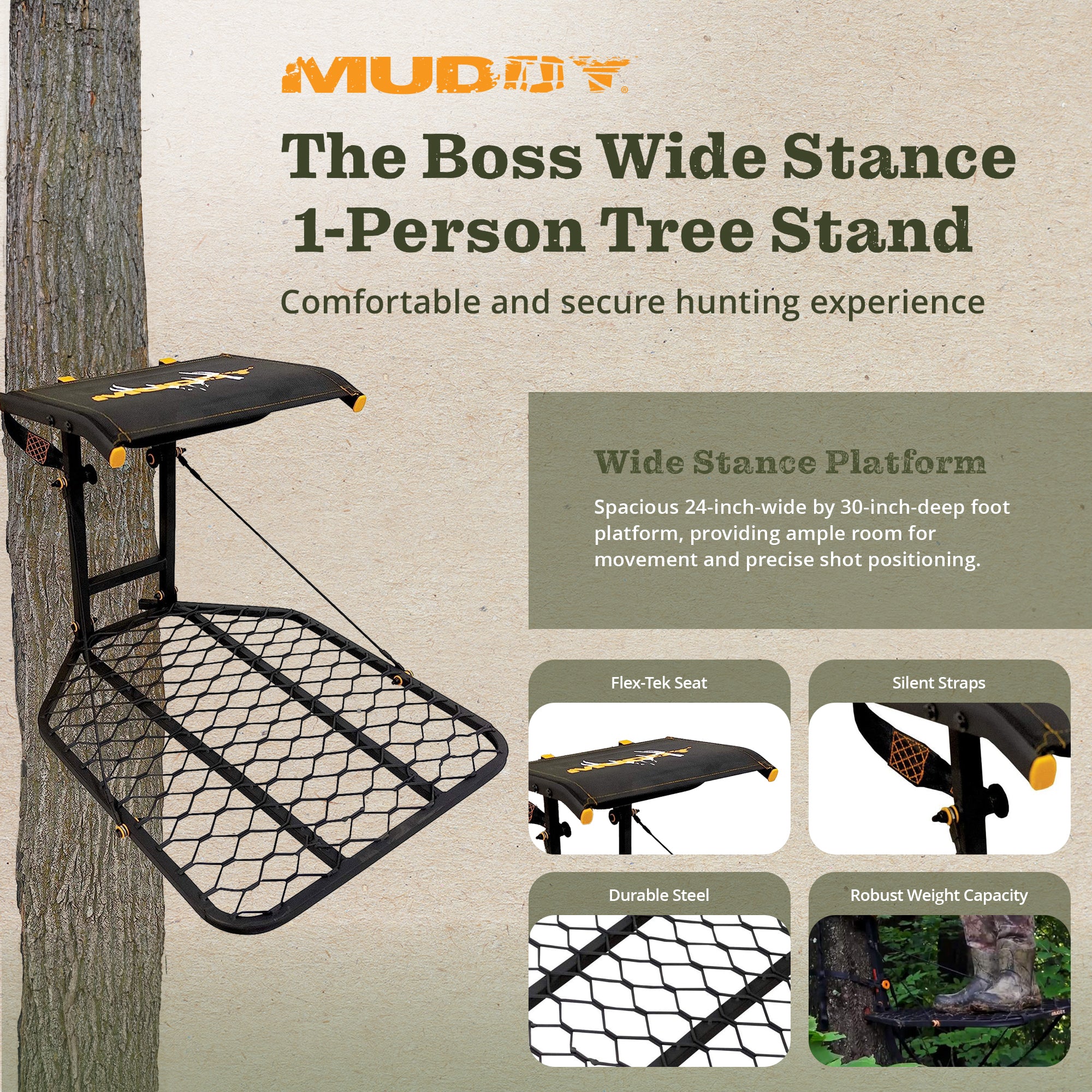 Muddy The Boss Hang On 1 Person Deer Hunting Tree Stand w/ Wide Stance Platform - Smart-nests