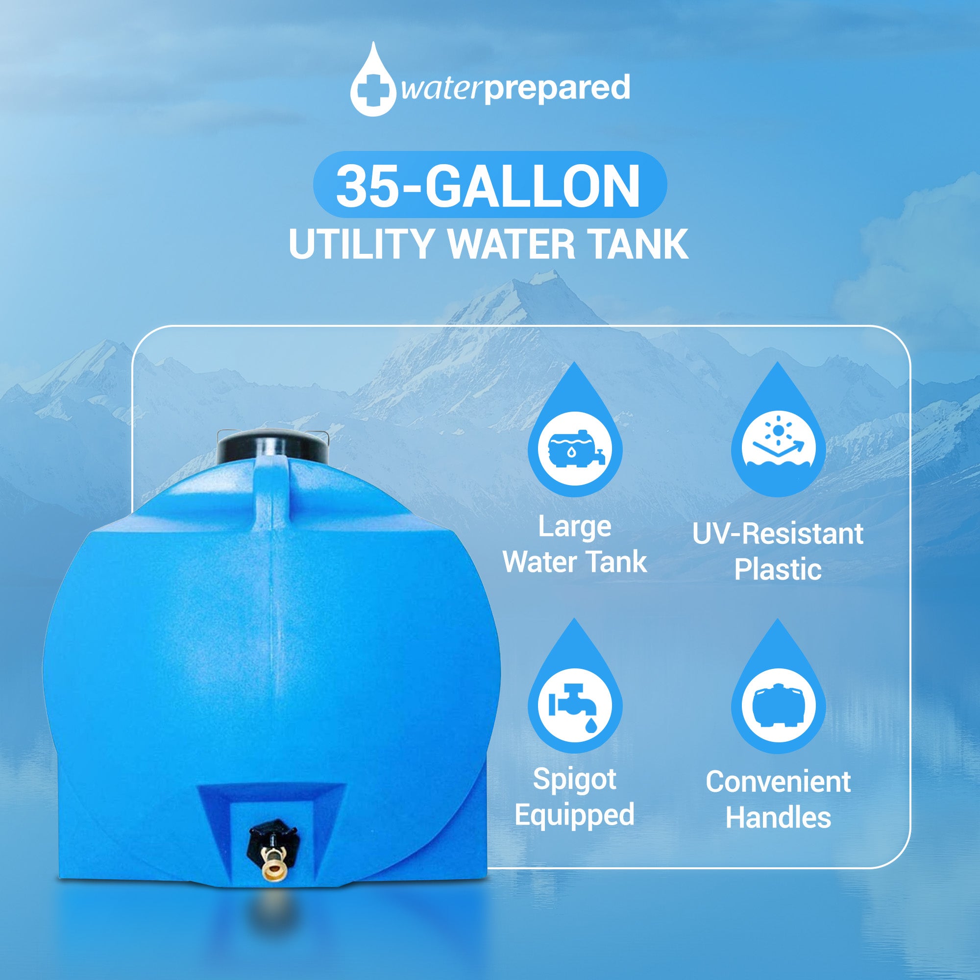 WaterPrepared 35 Gal Water Tank w/ Large Cap, Brass Spigot & Handles (2 Pack) - Smart-nests