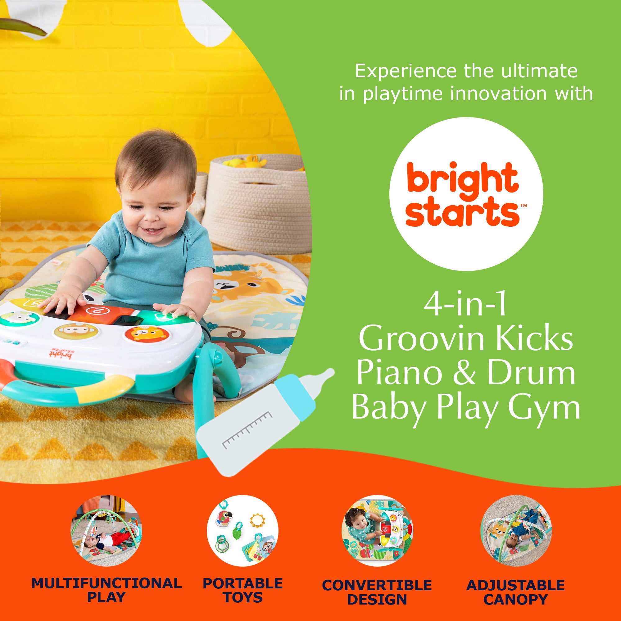 Bright Starts 4 in 1 Groovin Kicks Piano and Drum Baby Play Gym, Tropical Safari - Smart-nests