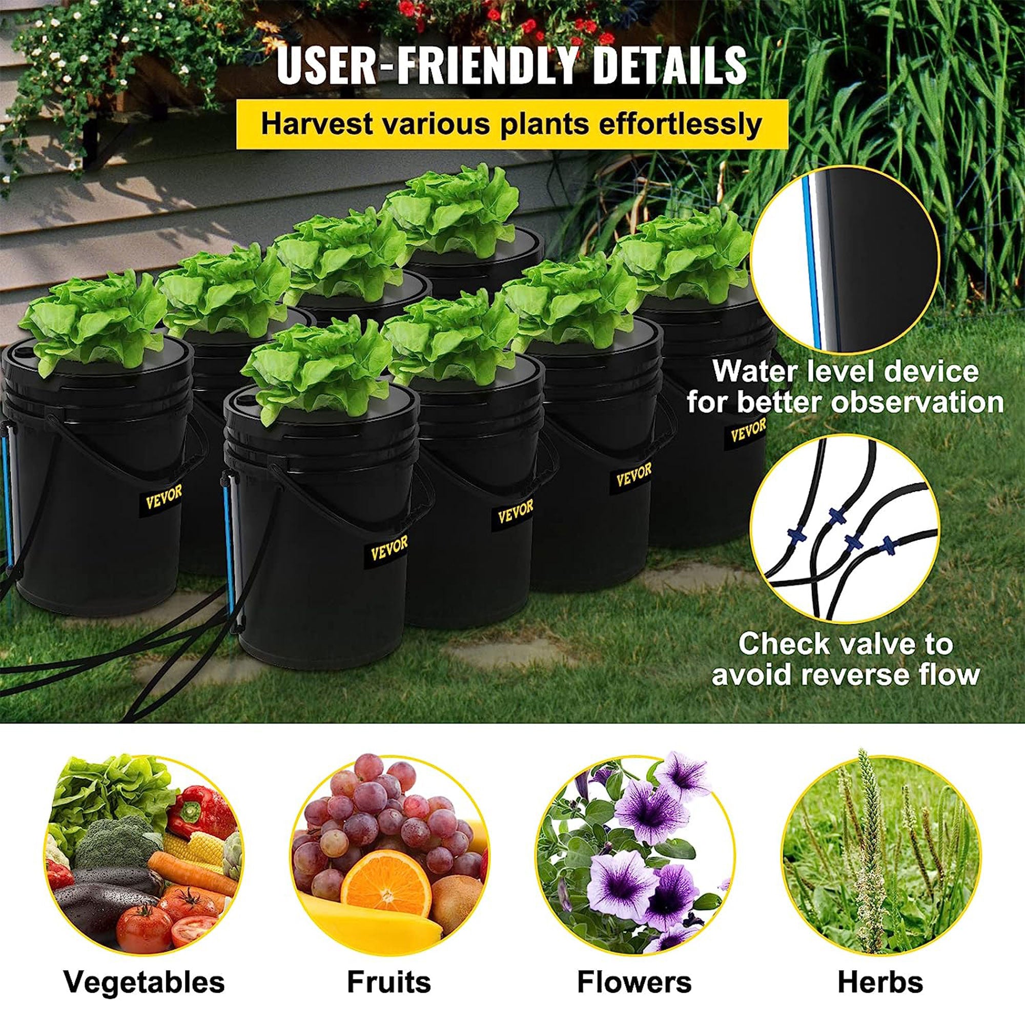 Vevor DWC Hydroponic System Deep Water Growing Buckets with Pump and Air Stone - Smart-nests