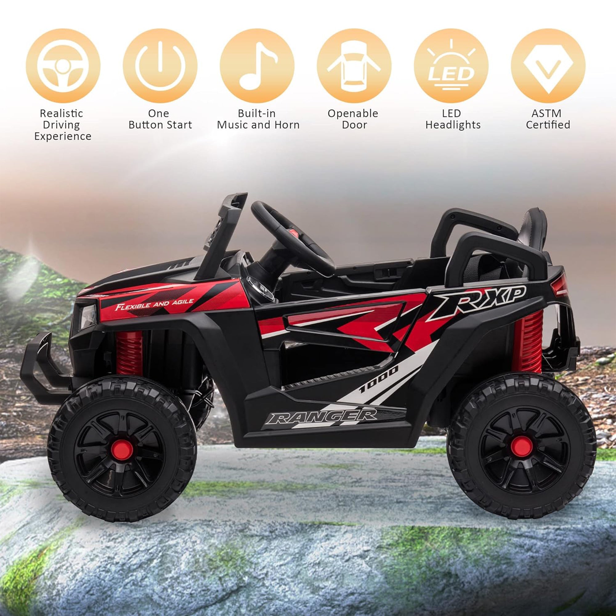 TOBBI 12 Volt Kids Ride on Electric Car Off Road UTV Truck with Horn, Red - Smart-nests
