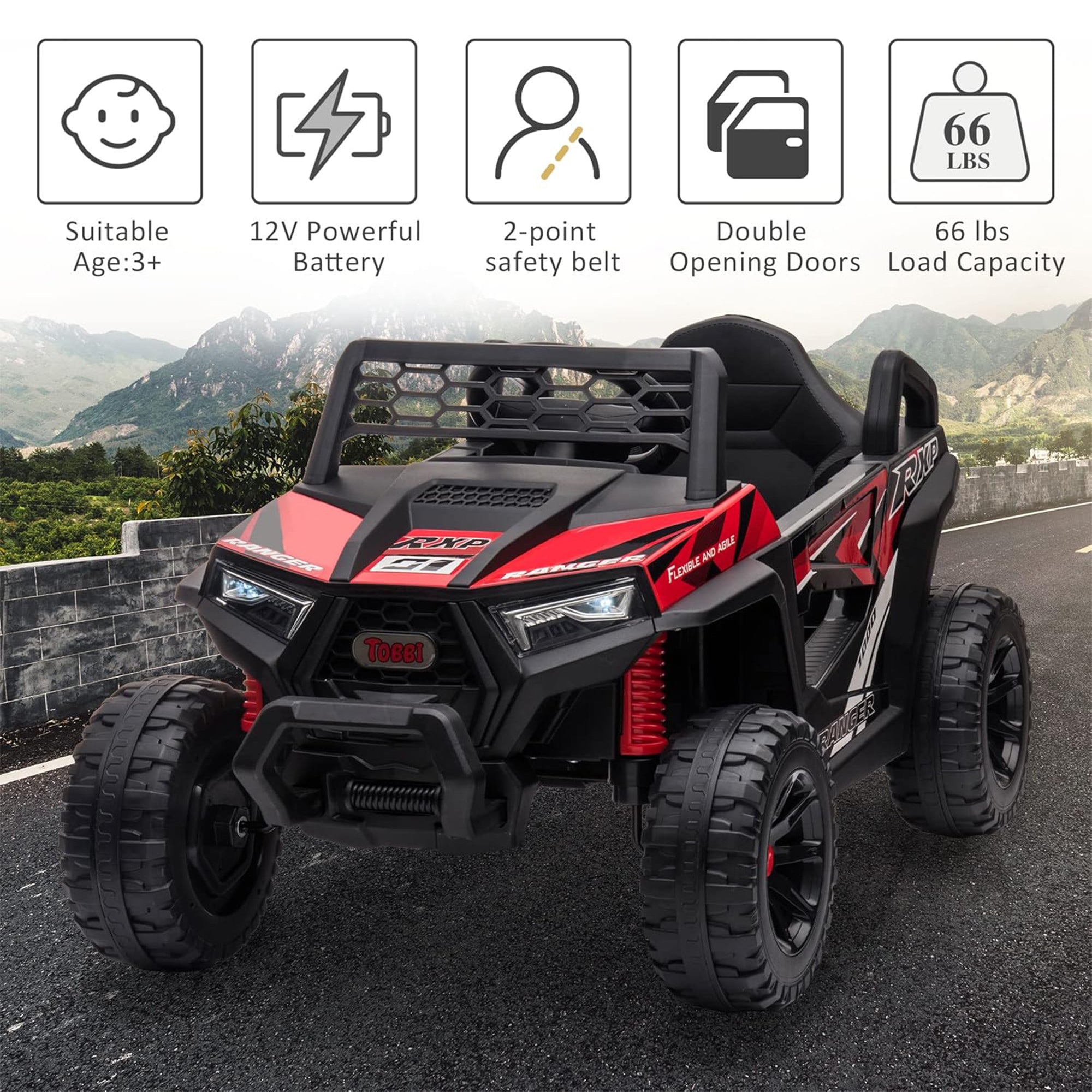 TOBBI 12 Volt Kids Ride on Electric Car Off Road UTV Truck with Horn, Red - Smart-nests