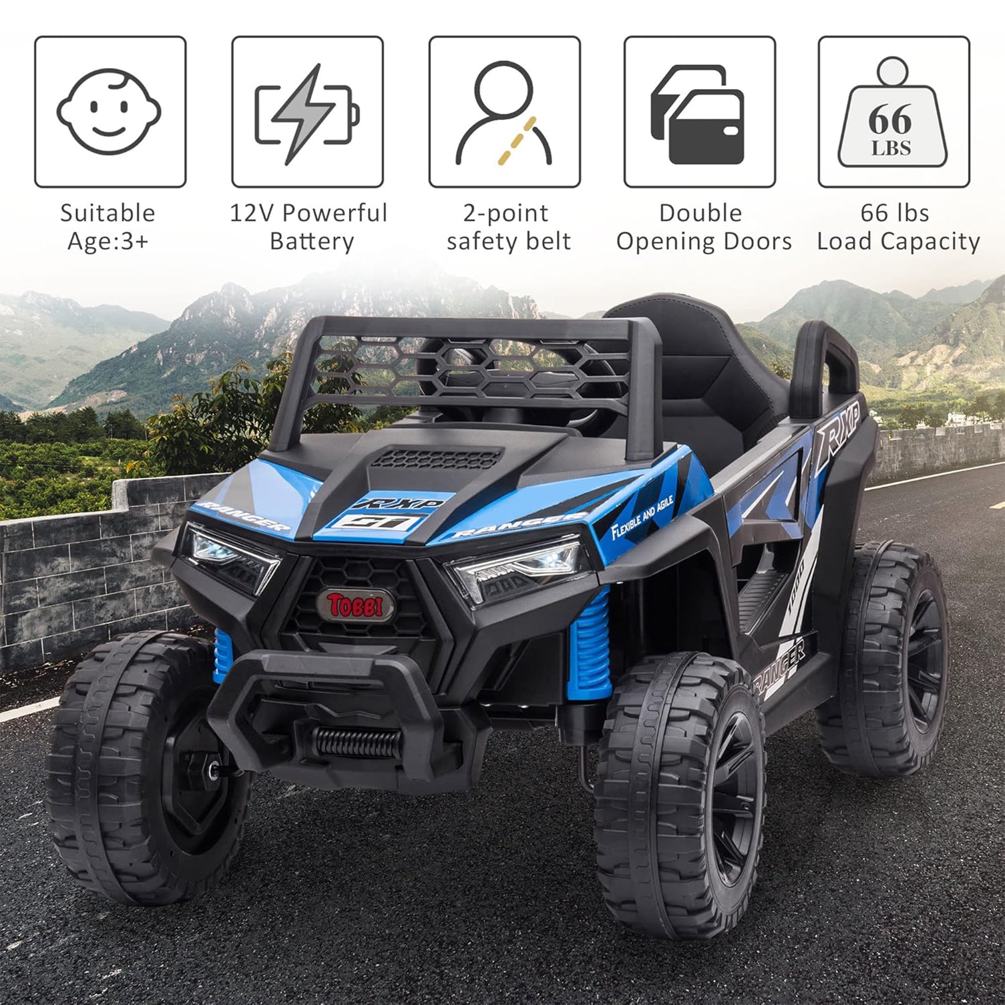 TOBBI 12 Volt Kids Ride on Electric Car Off Road UTV Truck with Horn, Blue - Smart-nests