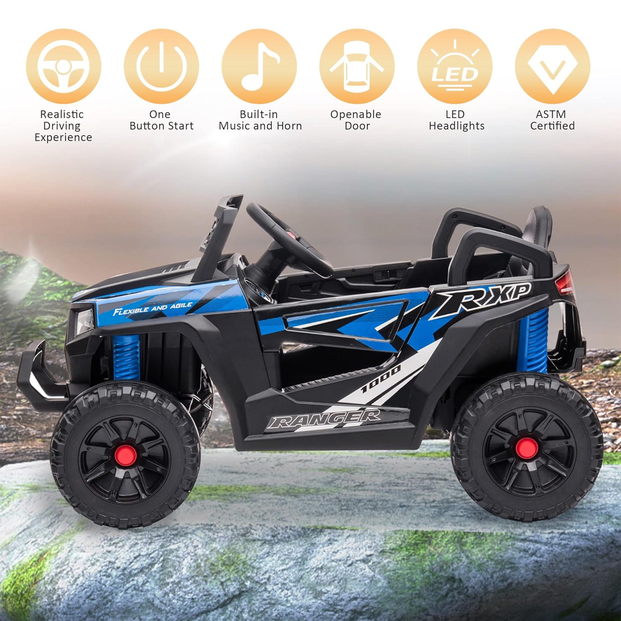 TOBBI 12 Volt Kids Ride on Electric Car Off Road UTV Truck with Horn, Blue - Smart-nests