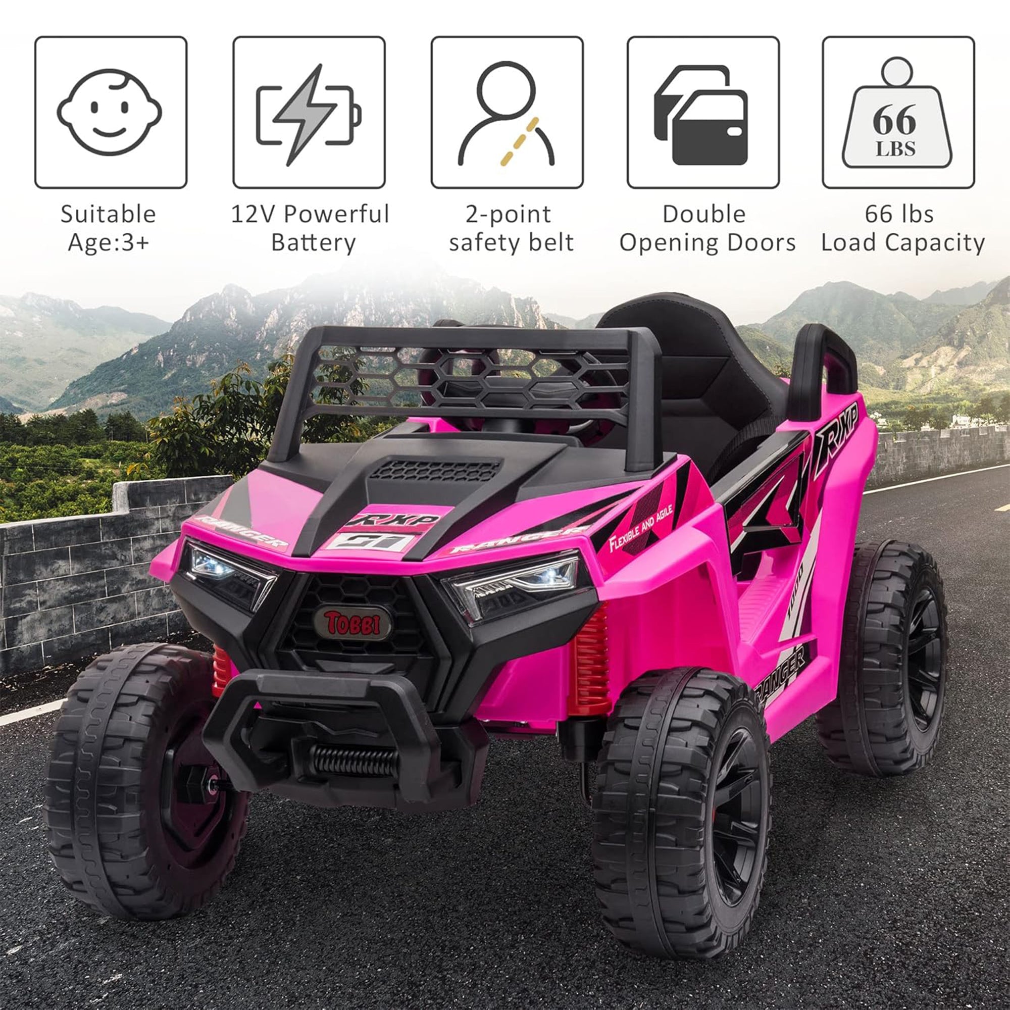 TOBBI 12 Volt Kids Ride on Electric Car Off Road UTV Truck with Horn, Rose Red - Smart-nests