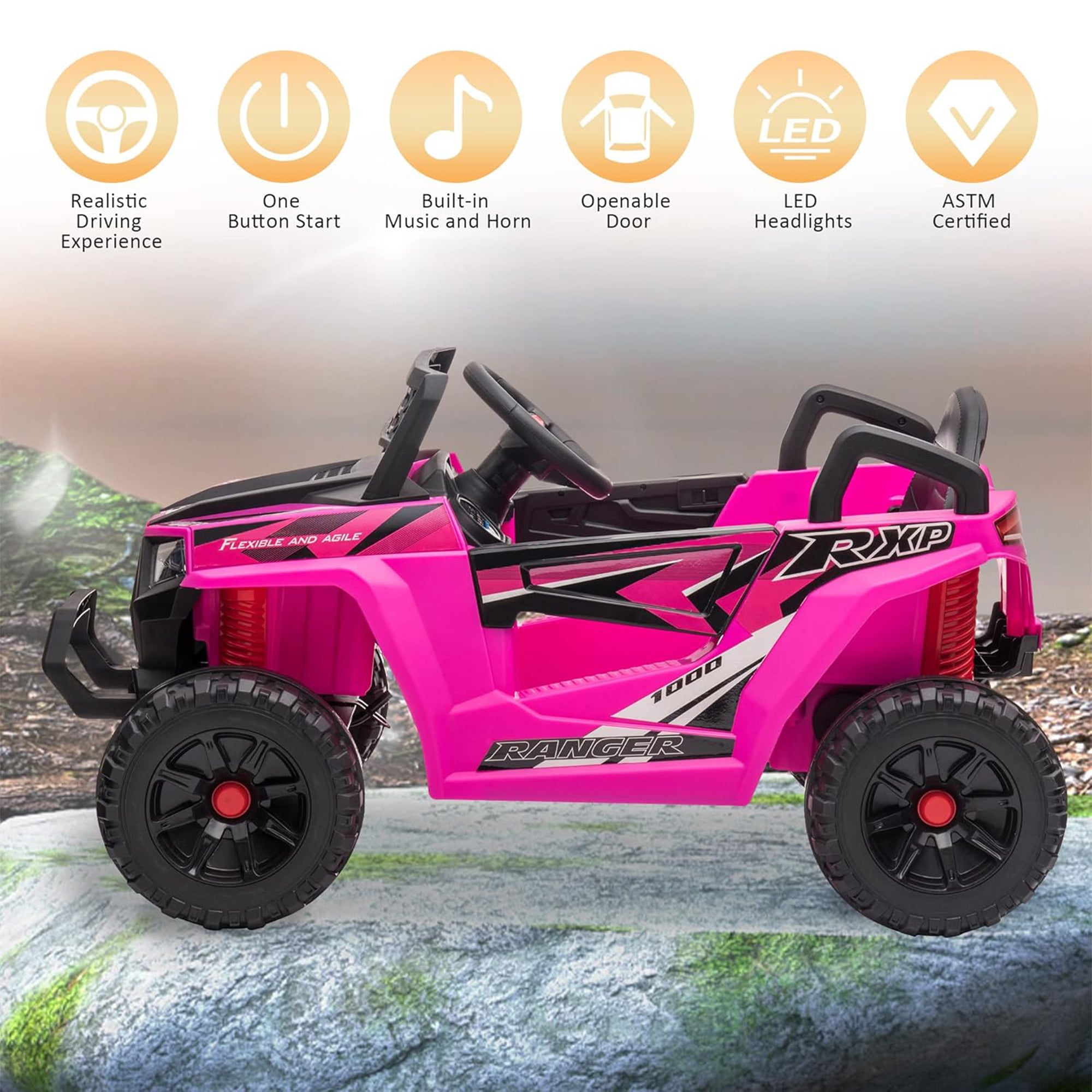 TOBBI 12 Volt Kids Ride on Electric Car Off Road UTV Truck with Horn, Rose Red - Smart-nests