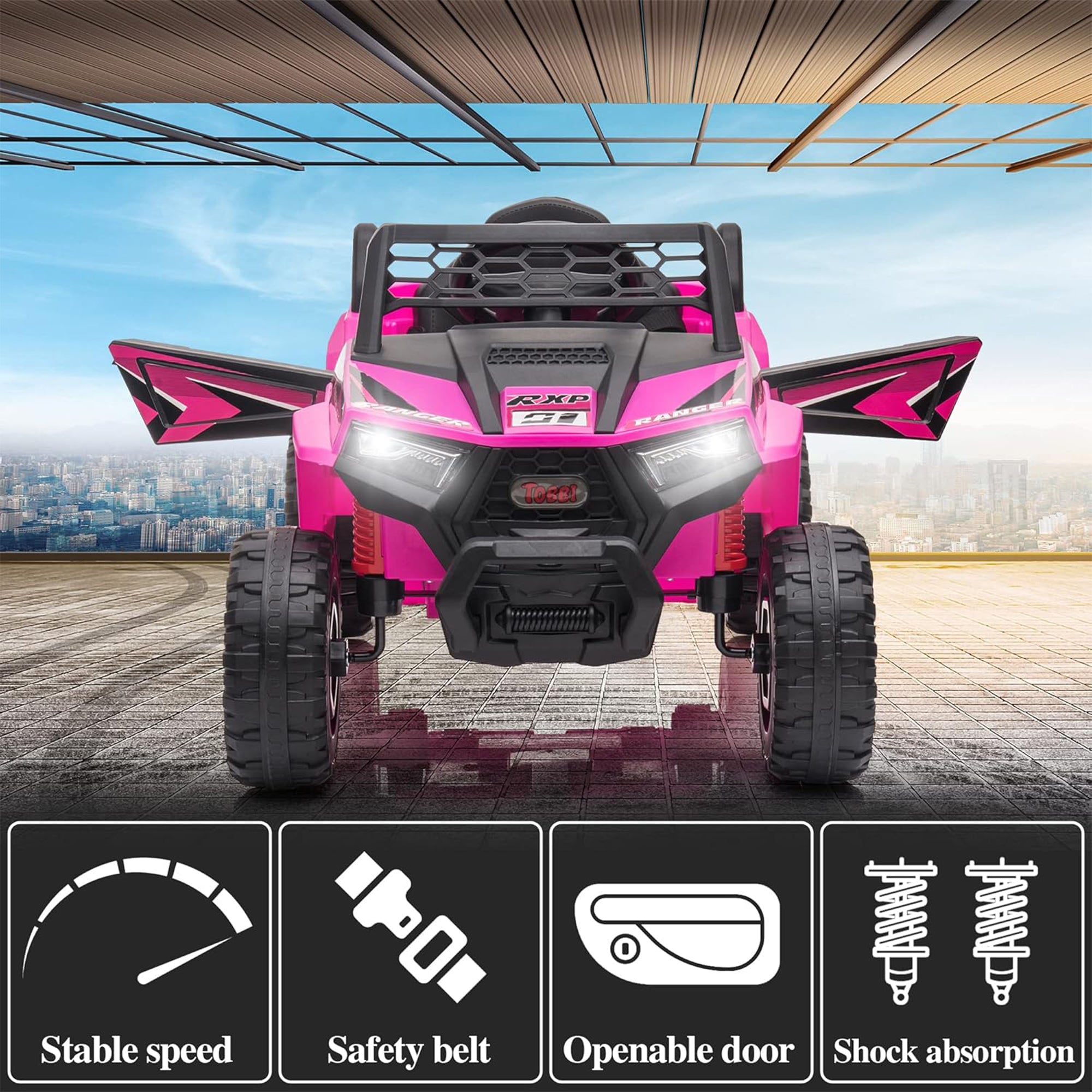 TOBBI 12 Volt Kids Ride on Electric Car Off Road UTV Truck with Horn, Rose Red - Smart-nests