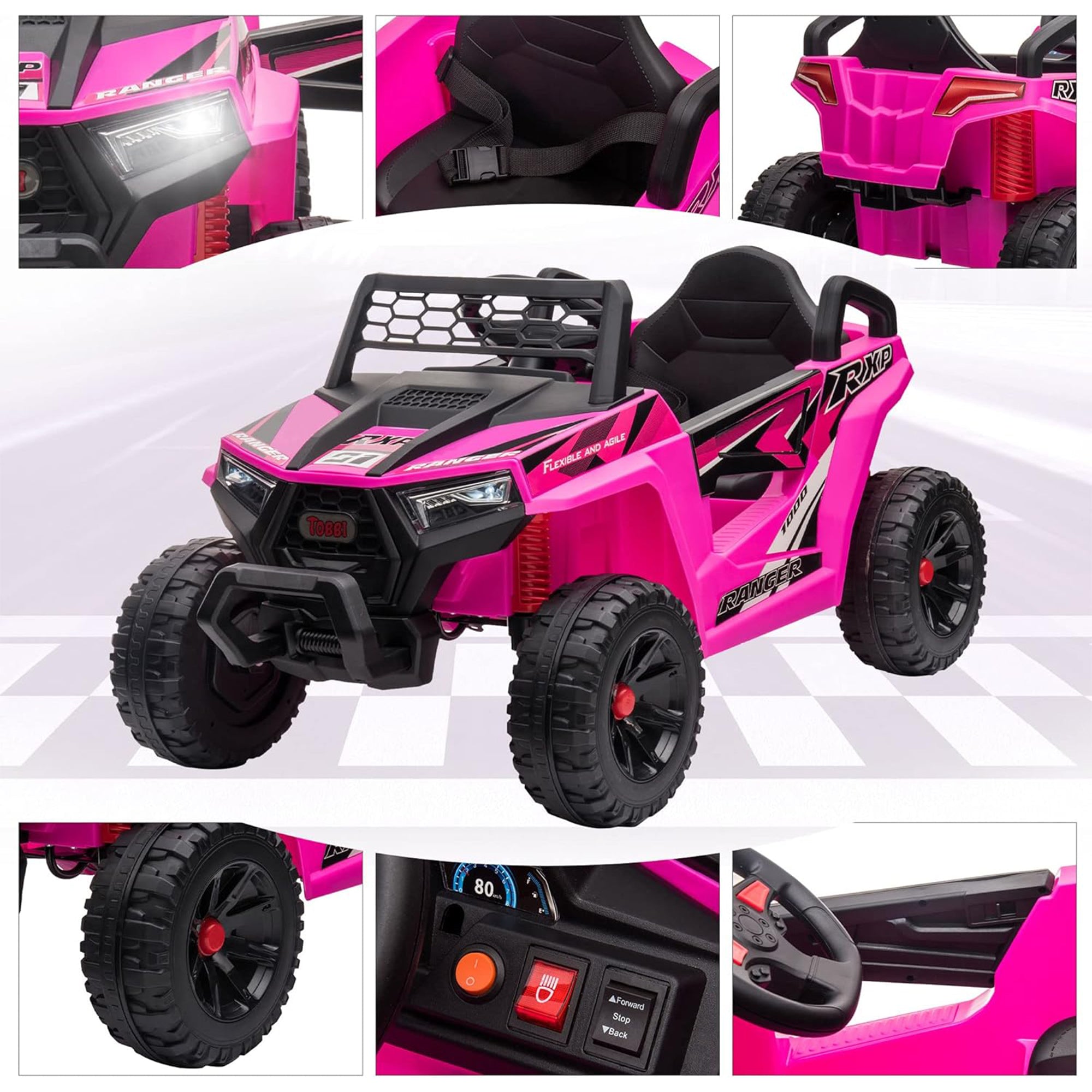 TOBBI 12 Volt Kids Ride on Electric Car Off Road UTV Truck with Horn, Rose Red - Smart-nests