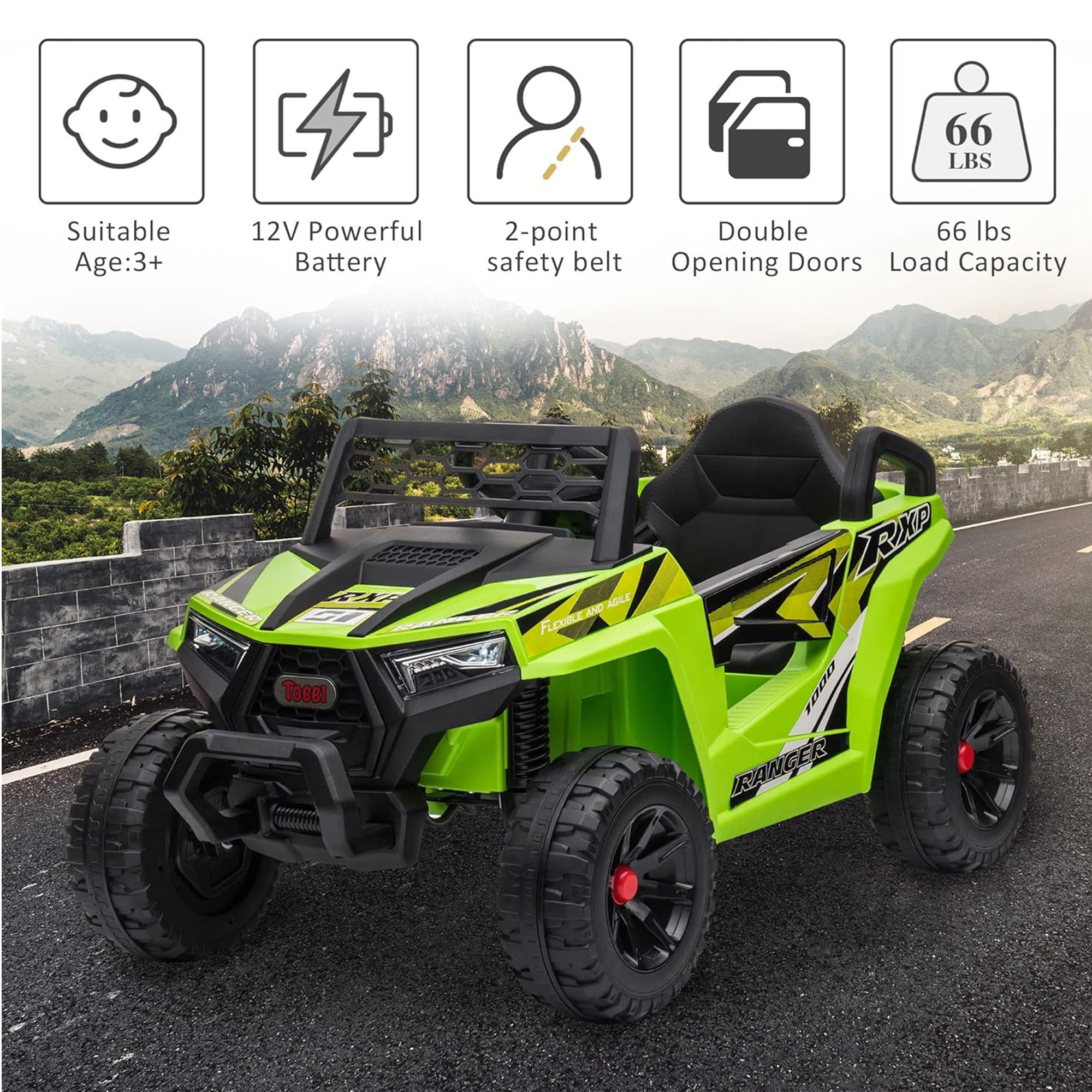TOBBI 12 Volt Kids Ride on Electric Car Off Road UTV Truck with Horn, Green - Smart-nests
