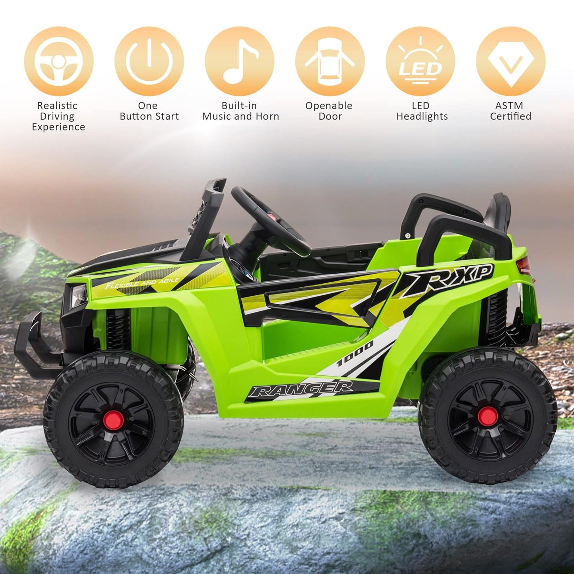 TOBBI 12 Volt Kids Ride on Electric Car Off Road UTV Truck with Horn, Green - Smart-nests