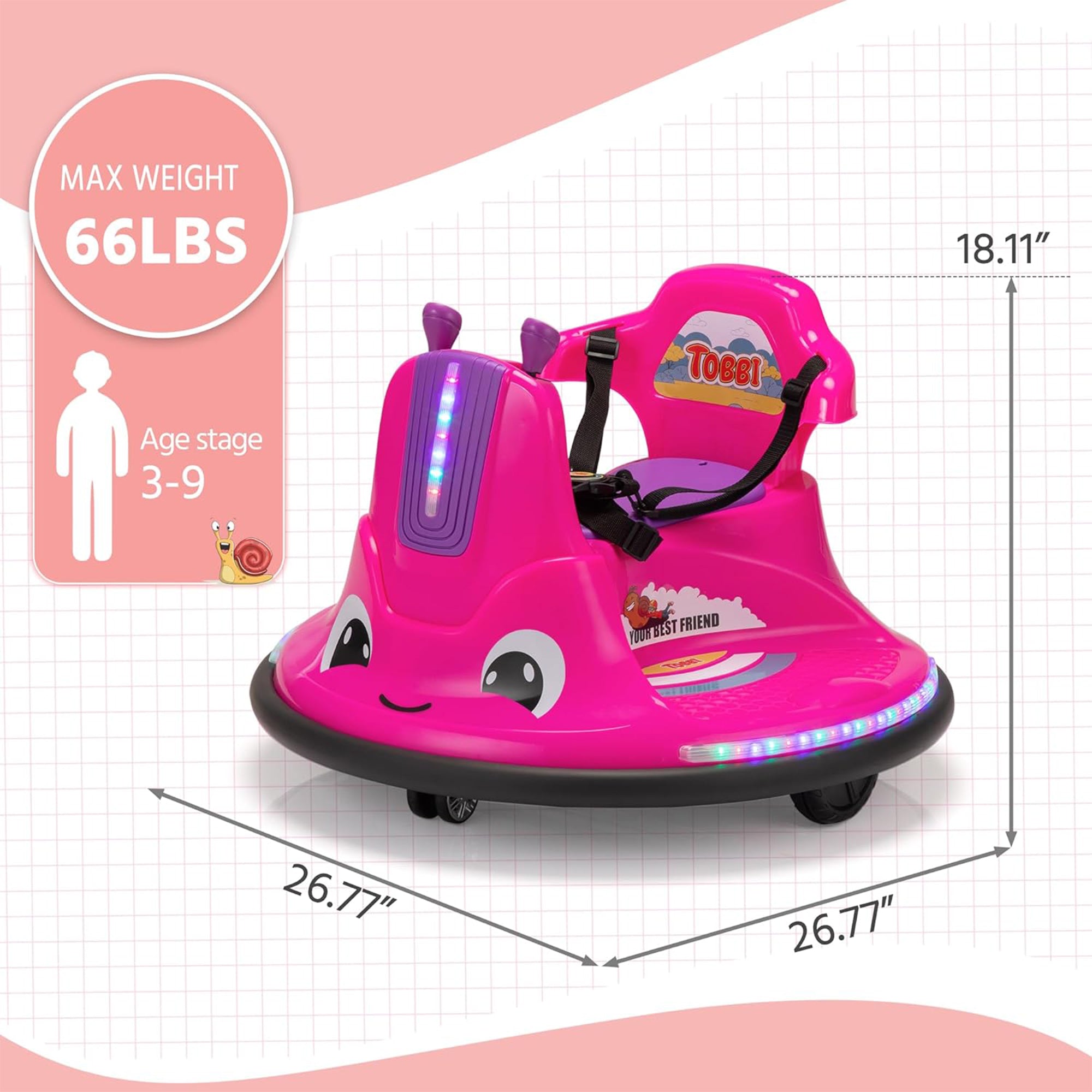 TOBBI 12V Snail Baby Bumper Electric Car, Kids Ride On Toy with Remote, Rose Red - Smart-nests