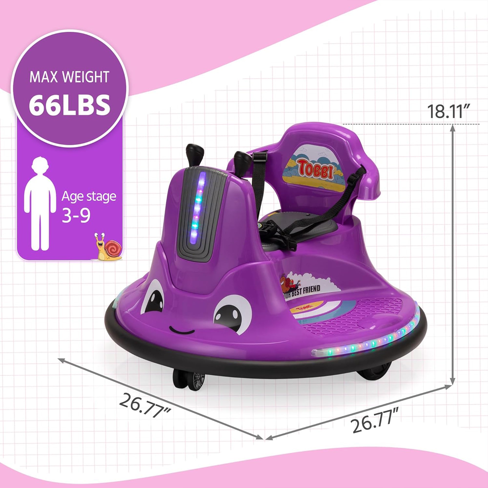 TOBBI 12V Snail Baby Bumper Electric Car, Kids Ride On Toy with Remote, Purple - Smart-nests
