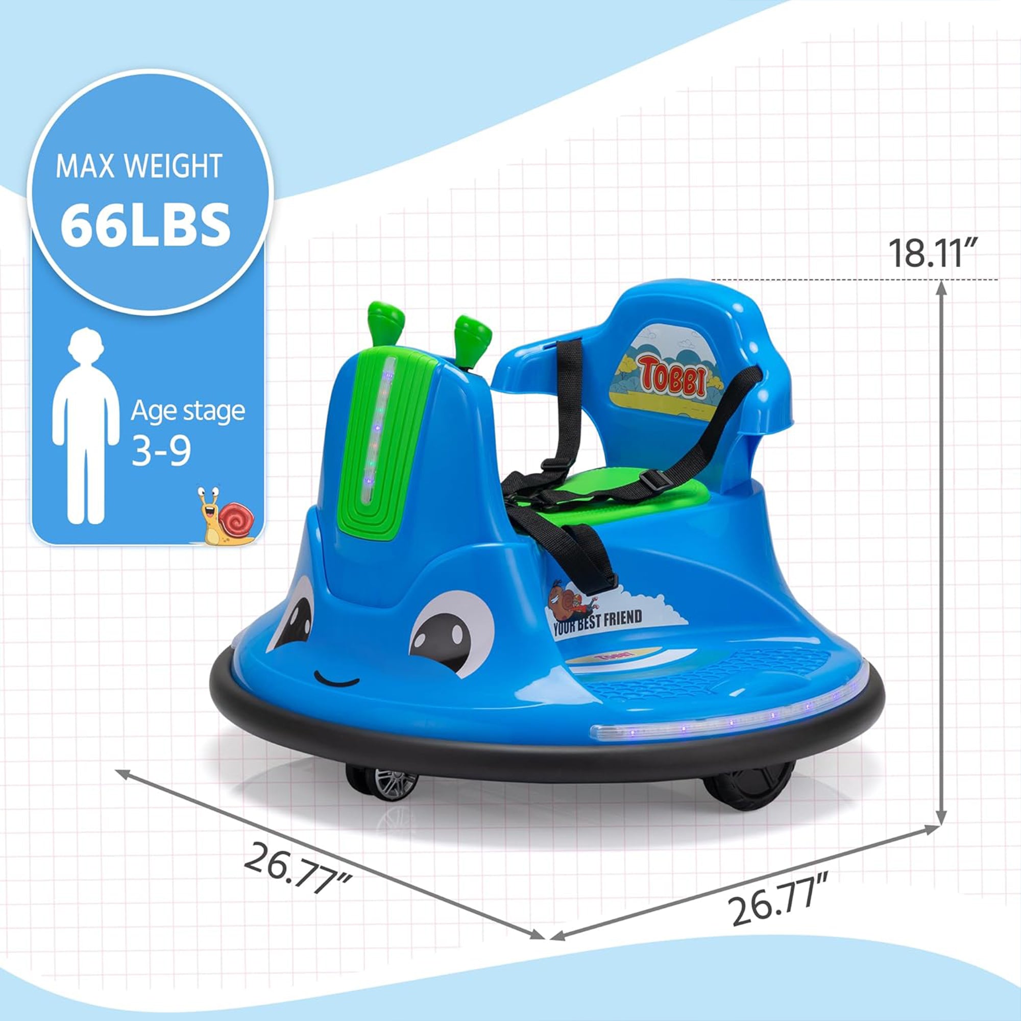 TOBBI 12V Snail Baby Bumper Electric Car, Kids Ride On Toy with Remote, Azure - Smart-nests