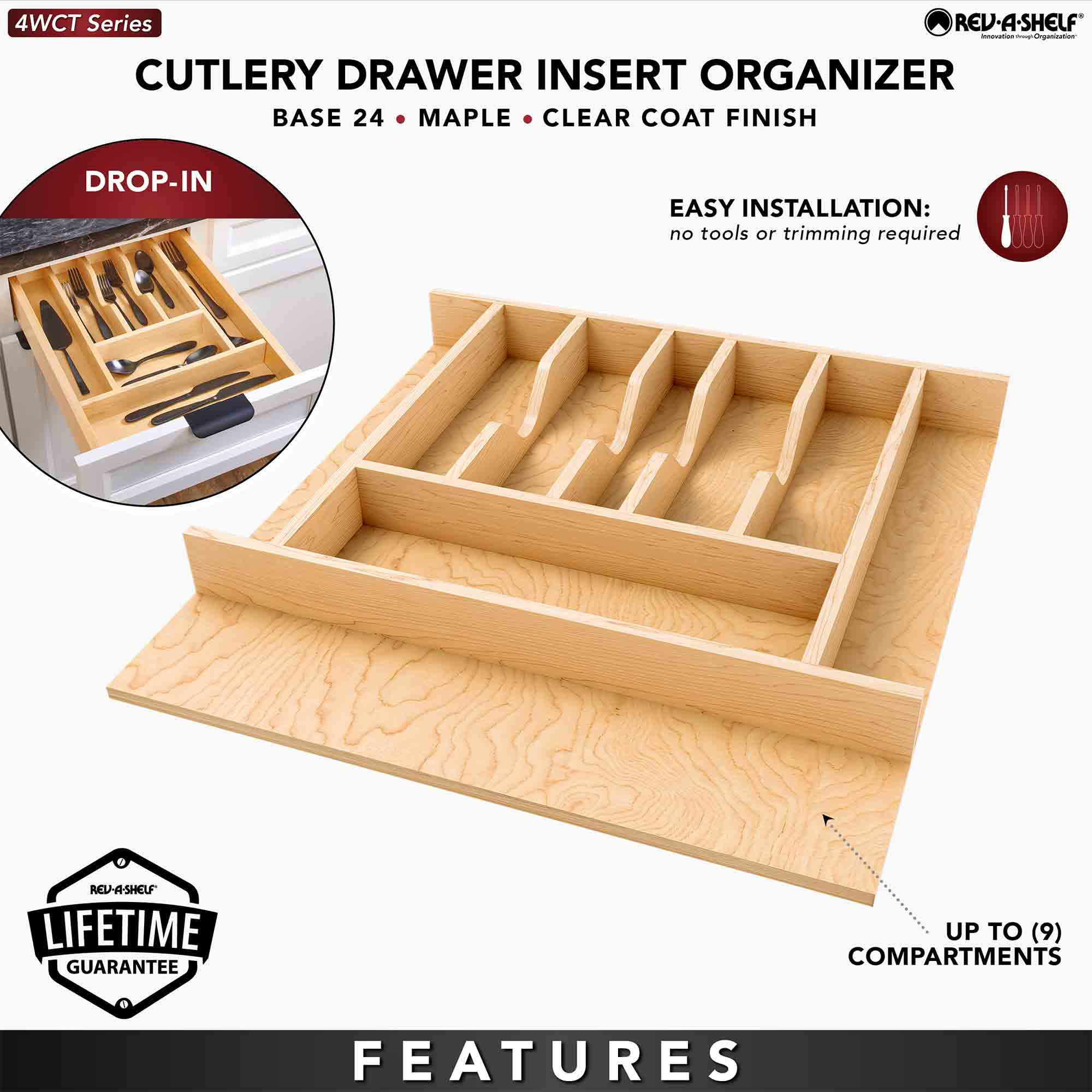 Rev-A-Shelf Natural Maple Right Size Utensil Drawer Insert, 19 1/4" x 19 1/2"