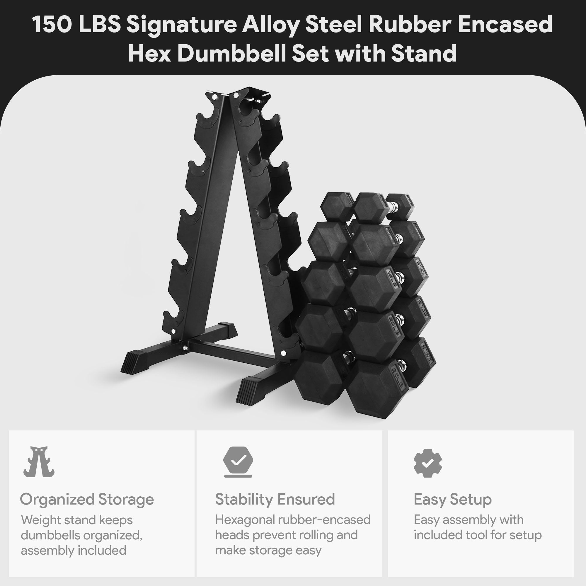 BalanceFrom Signature Alloy Steel 150 lb Rubber Encased Hex Dumbbell Set, Black - Smart-nests
