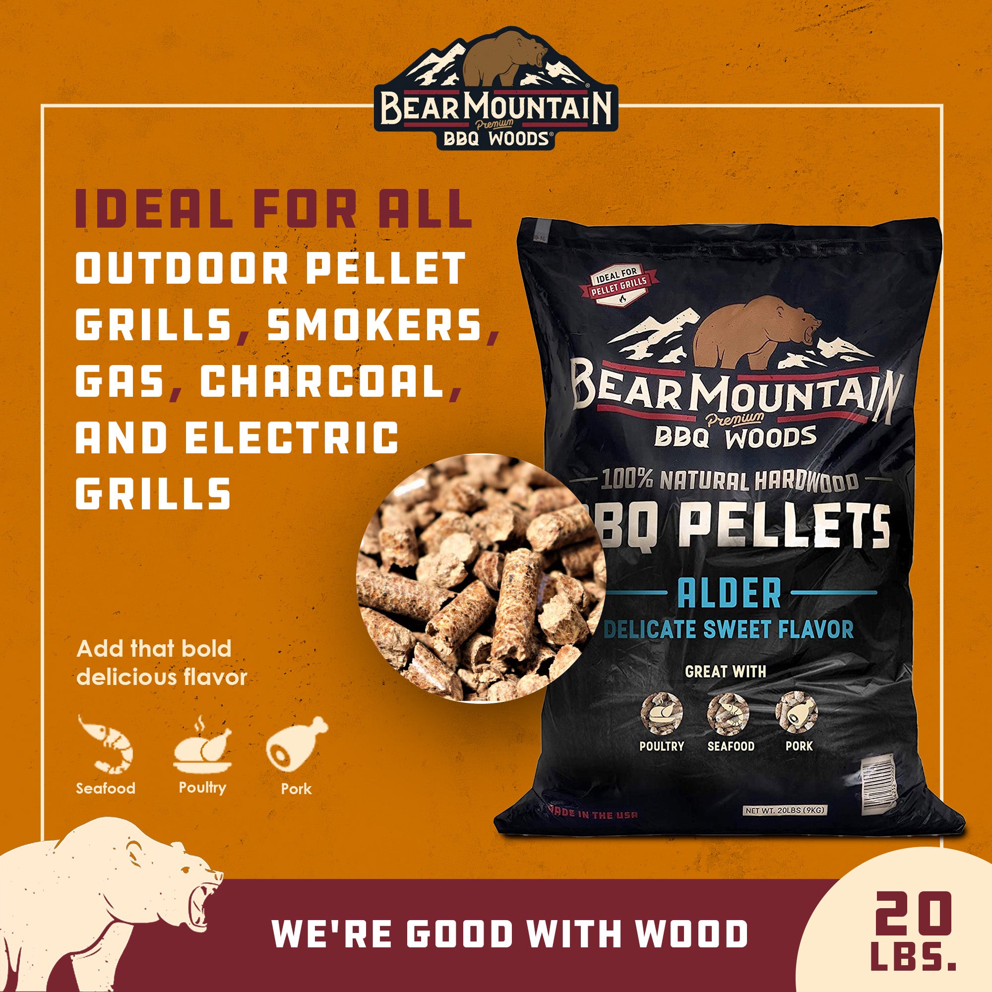 Bear Mountain 100 Percent Natural Alder Sweet Flavor Pellets, 20 Pounds (2 Pack) - Smart-nests