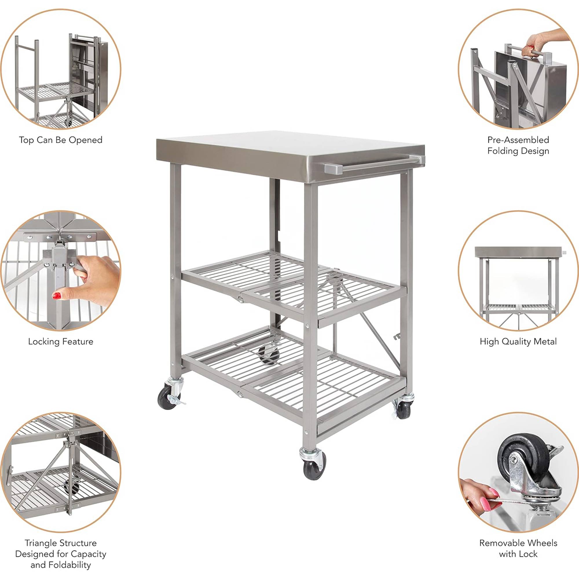 Origami RBT Fully Stainless Steel Foldable Kitchen Cart with Wheels, Silver - Smart-nests